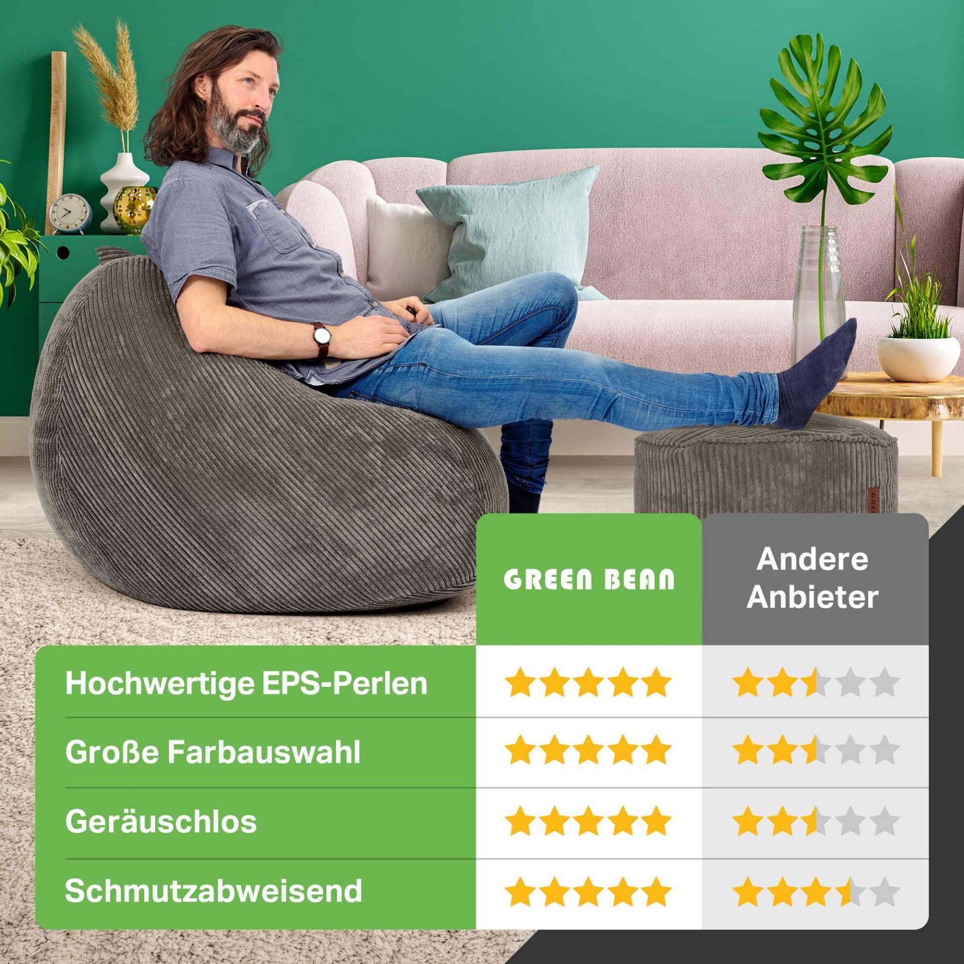 Green Bean Sitzsack XXL Sitzsack Scoop + Hocker aus Cord, Indoor Sitzkissen mit Sitzhocker, Relax Sessel – Bild 3 von 5