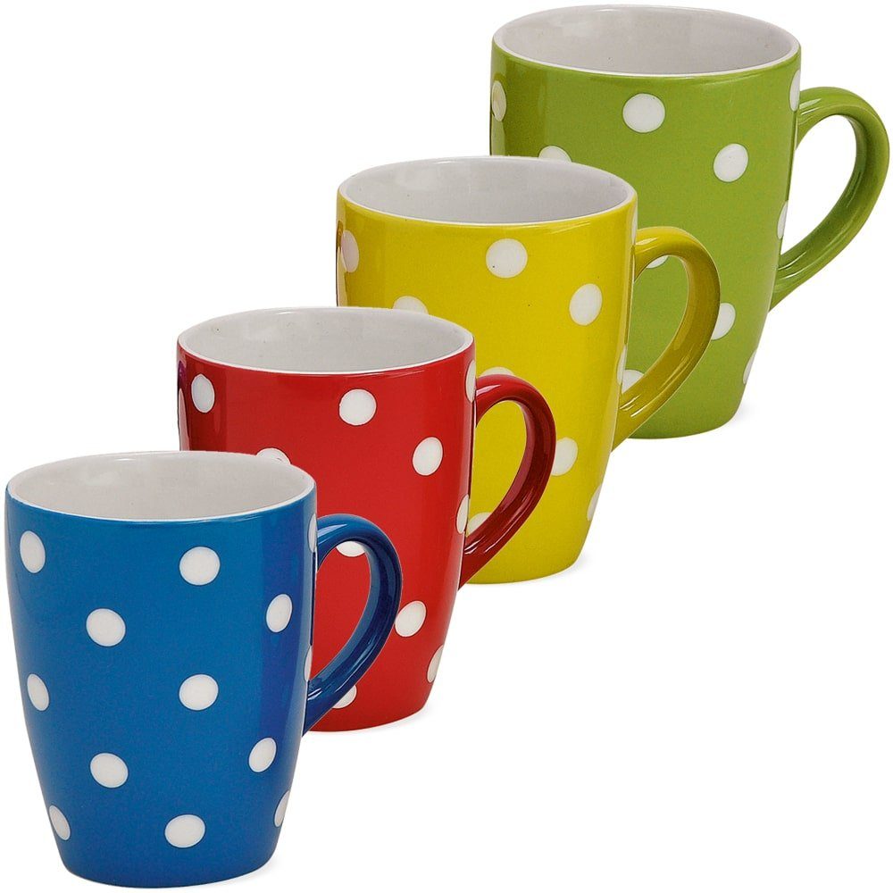 matches21 HOME & HOBBY Tasse Kaffeetassen weiß gepunktet blau rot gelb &  grün Keramik 4er 11 cm, Keramik