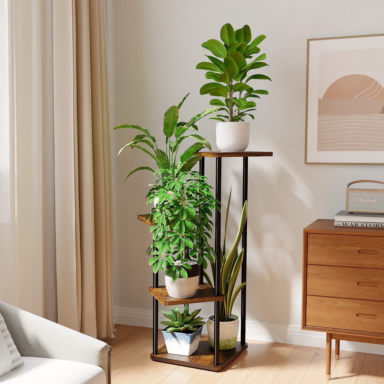 Bamworld Blumenständer Pflanzenständer, Pflanzenregal, Modernes Regal für Innenpflanzen (1 St), 4 Ebenen, 30x30x80cm, Ideal für Wohnzimmer, Balkon und Büro