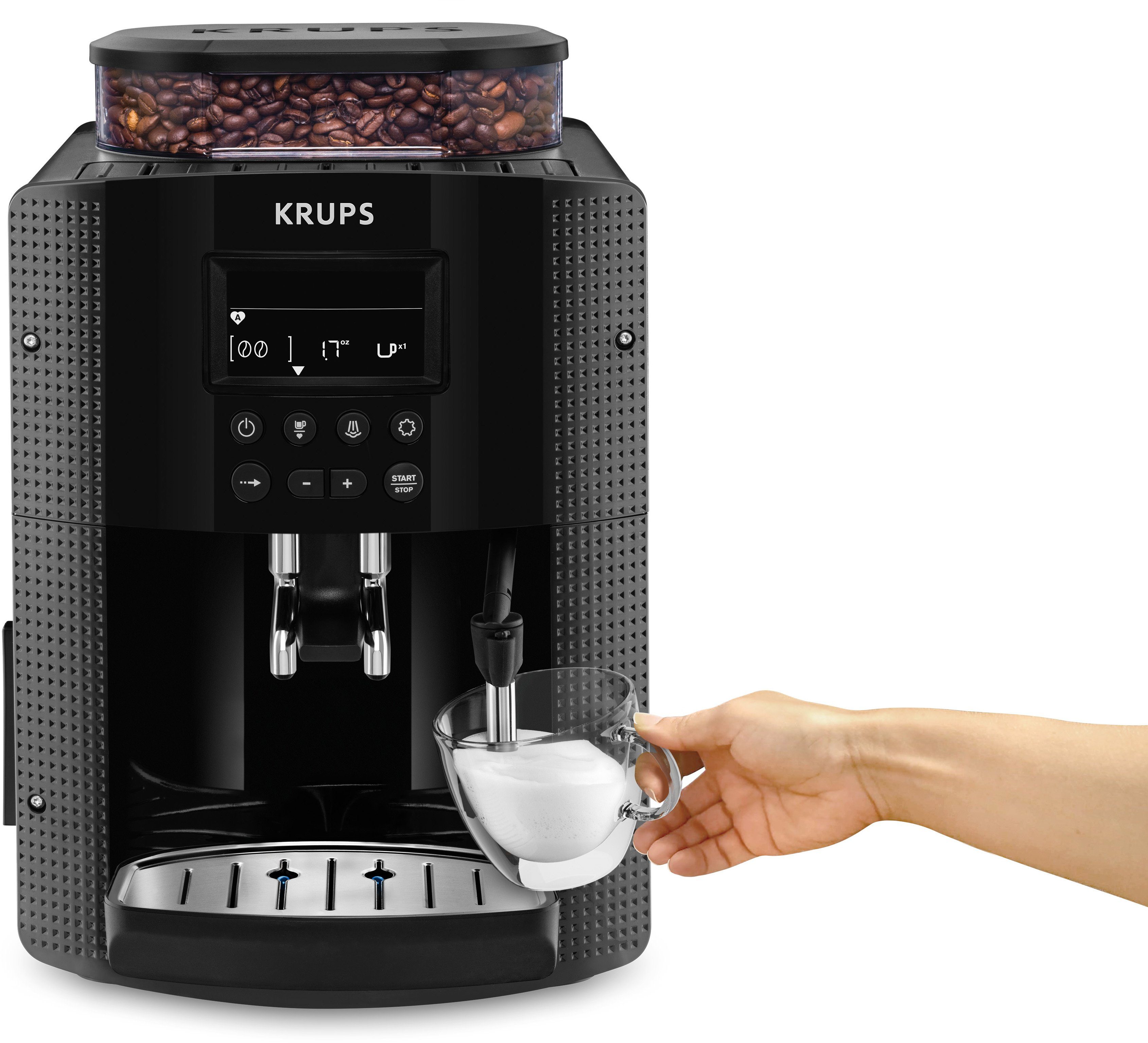 Krups Kaffeevollautomat EA8150, Arabica Display, LCD-Display, Speichermodus, Dampfdüse für Cappuccino