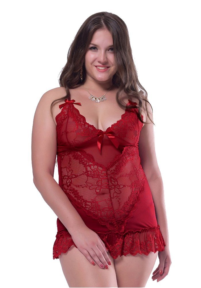 Babydollkleid Dessous Reizwäsche Träger Weinrot Spitze Babydoll Tanga L/XL
