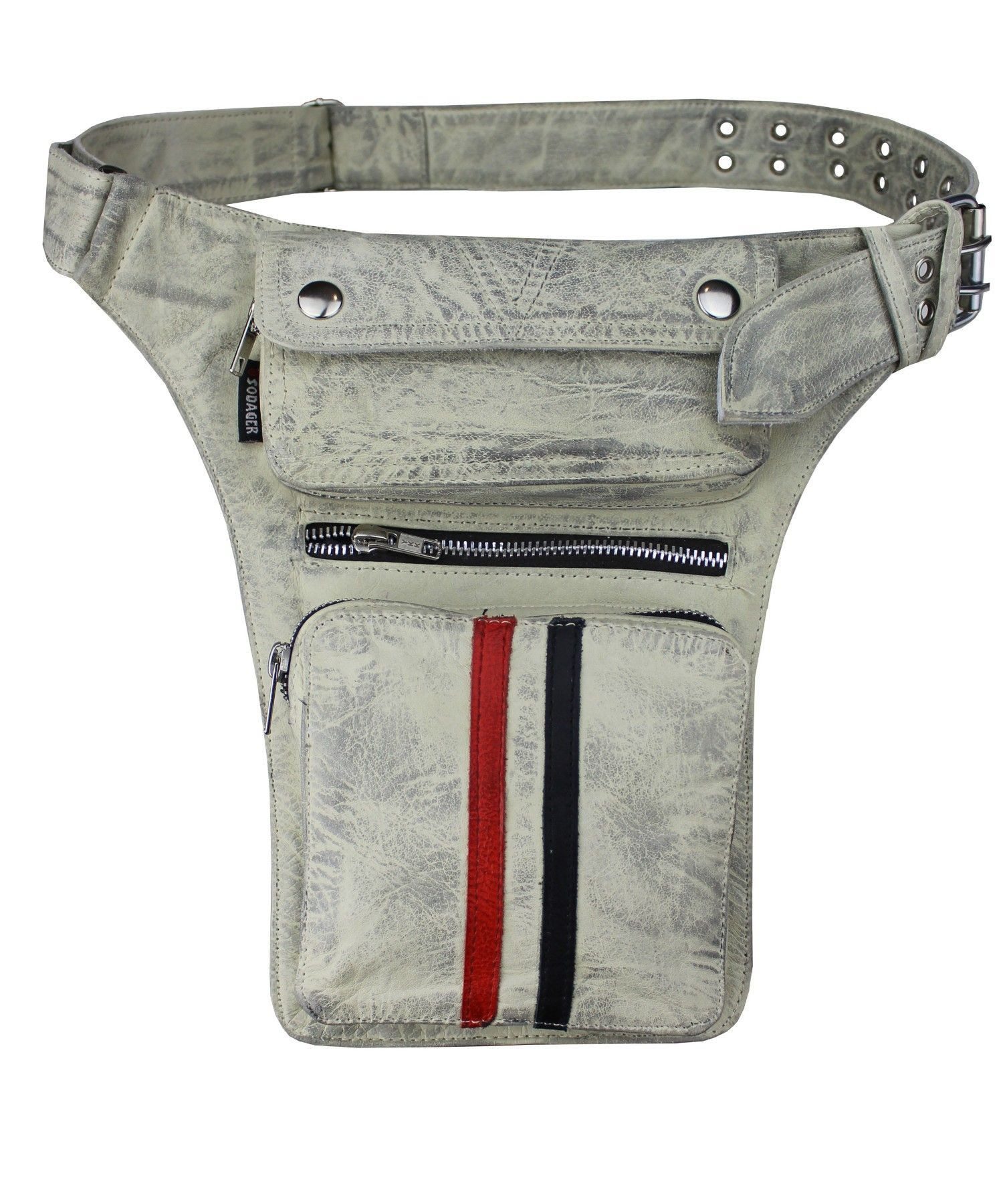 Alpha Speeds Beintasche / Bauchtasche aus weichem Leder – Off-White mit Rot/Schwarz Streifen, 100% weiches/robustes Leder, handgefertigt & mit verstellbarem Gurt