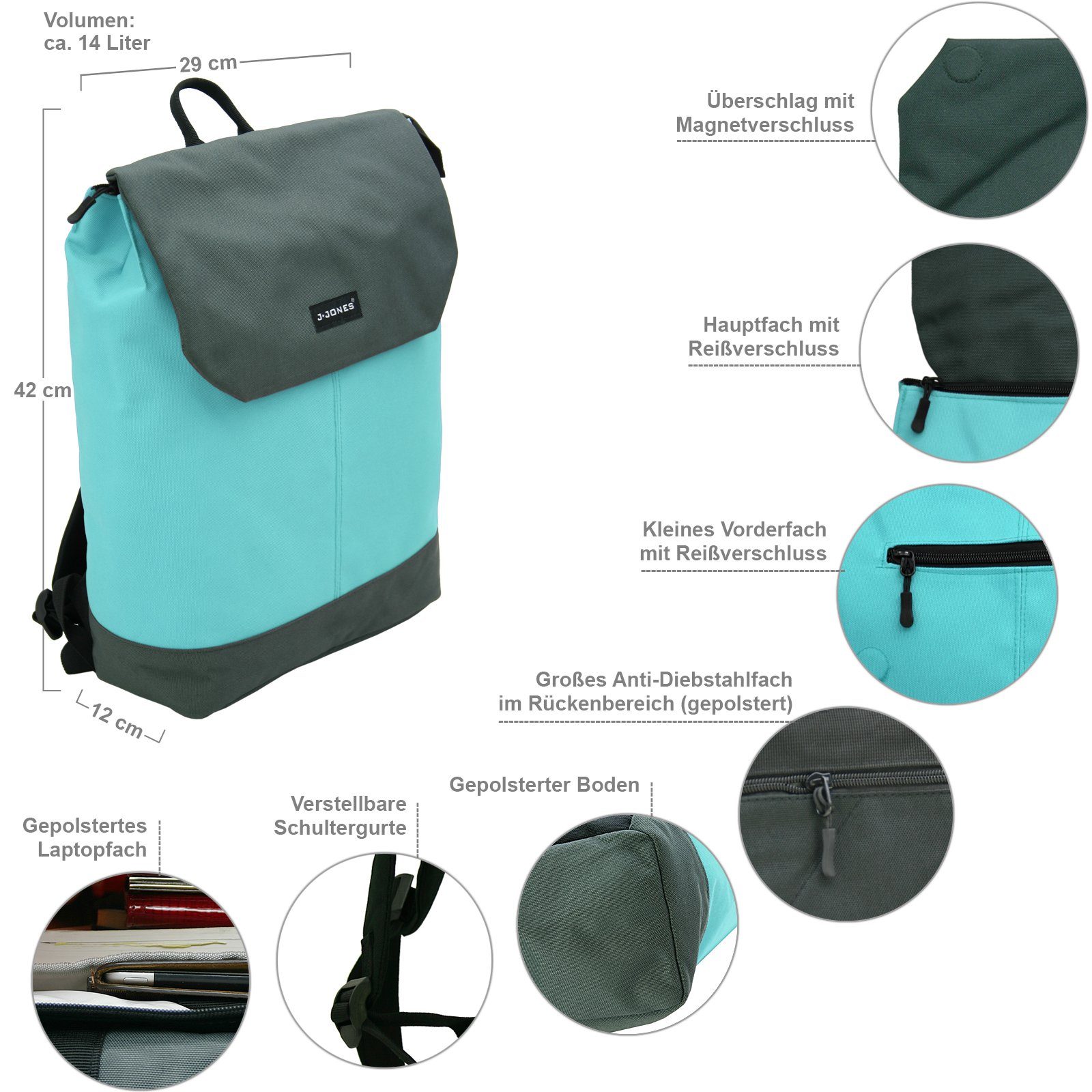 J JONES JENNIFER JONES Cityrucksack Damen Rucksack 14 Liter - Daypack mit Laptopfach/Tabletfach, gepolstertes Laptopfach
