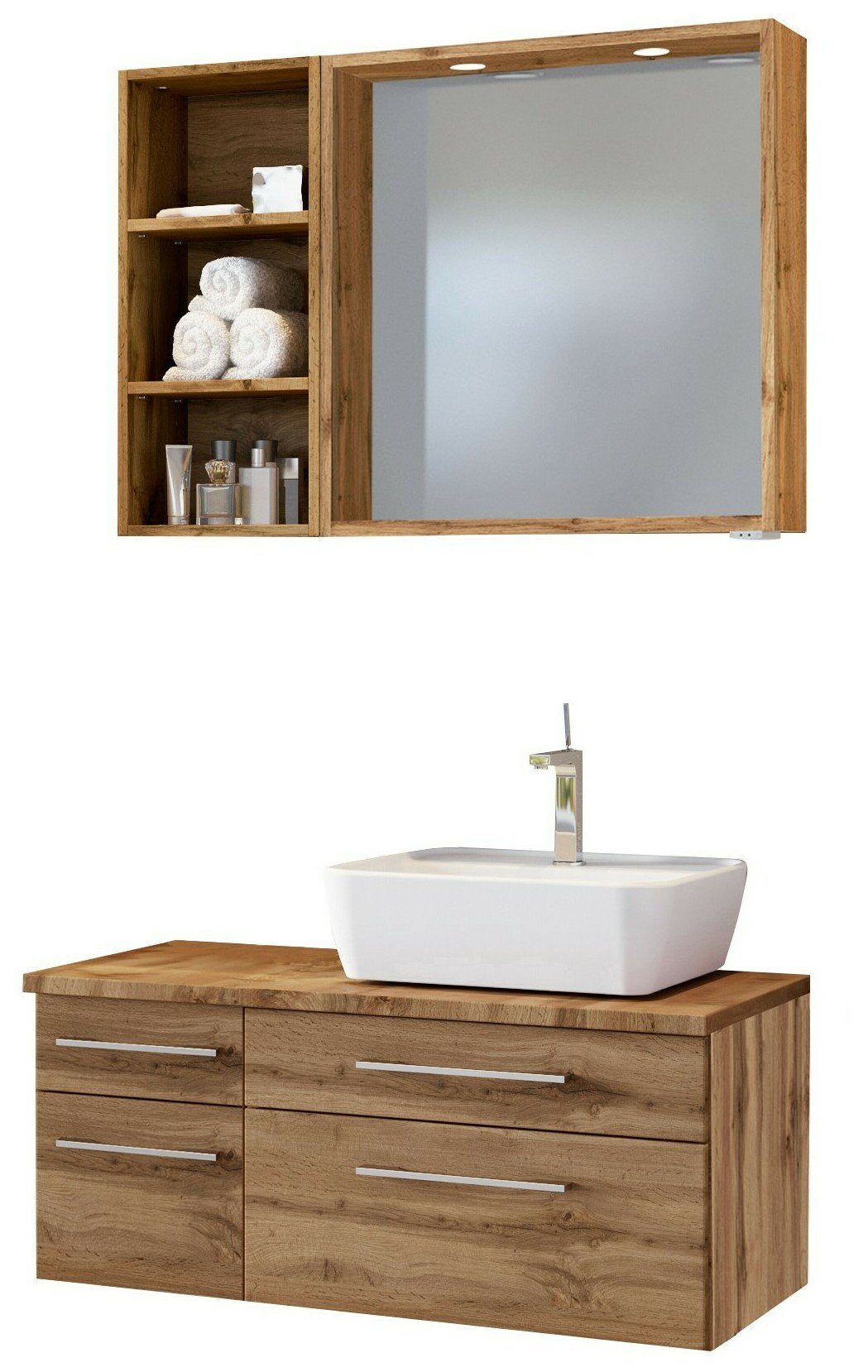 HELD MÖBEL Badmöbel-Set Waschtisch-Set Davos 90 cm -C- (rechts) Wotaneiche/Wotaneiche