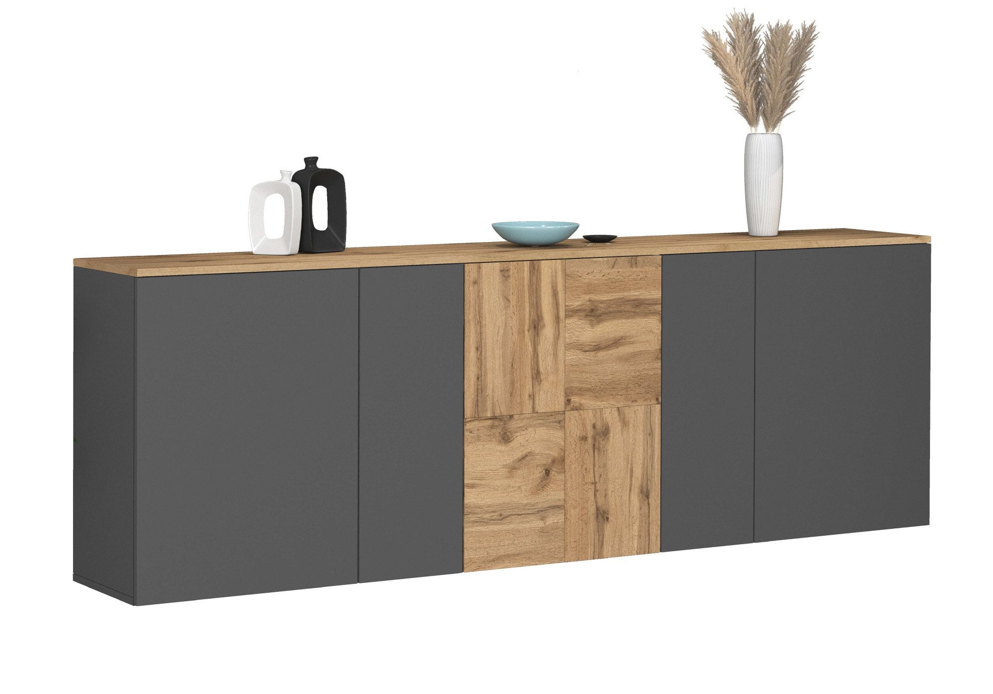 OTTO home Sideboard ISEO, Kommode, Schrank, Sideboard, Lowboard, 6 Fächer, Breite 200 cm (1 St), stehend/hängend, 5 Türen, 6 Fächer, Breite 200 cm
