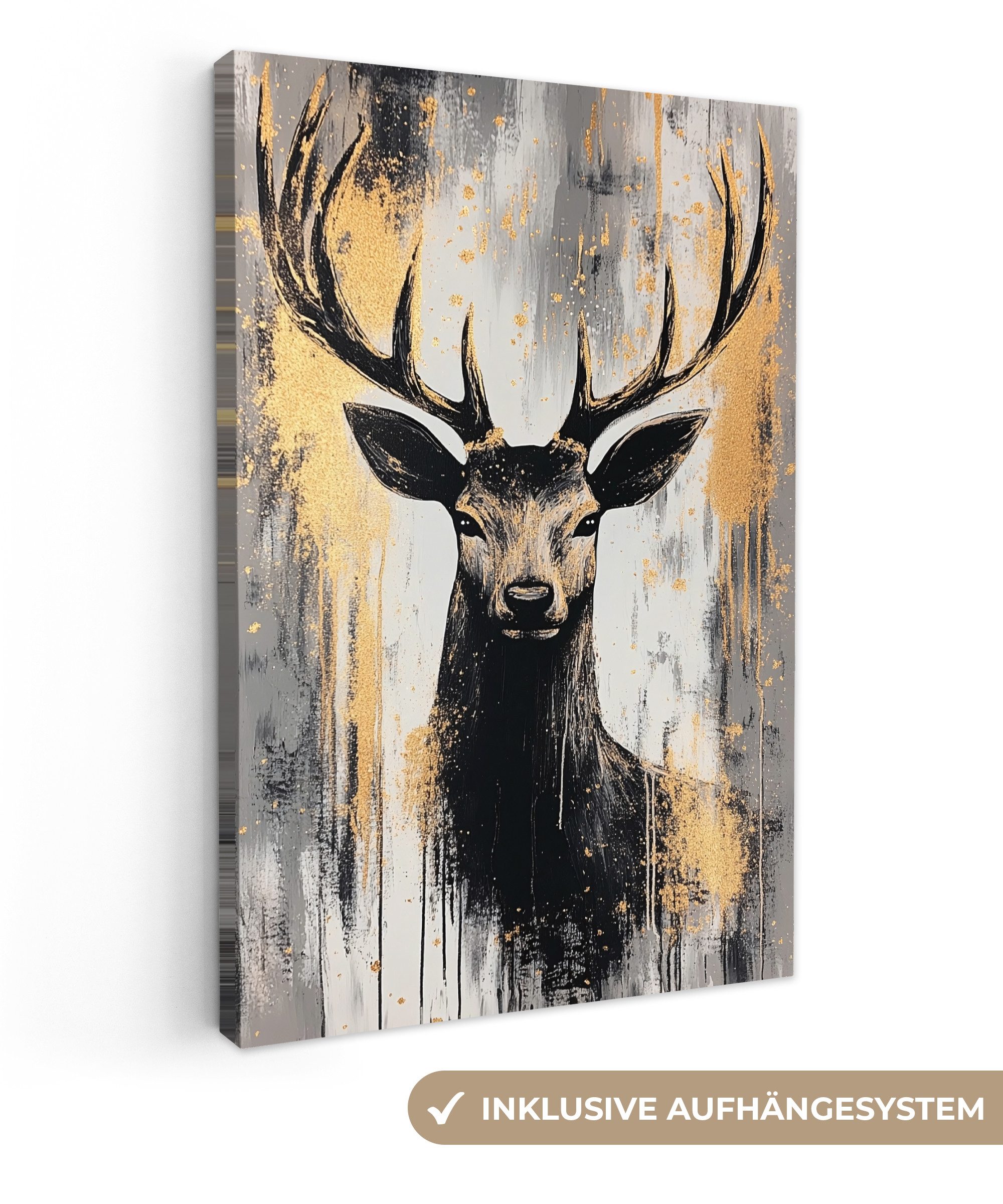 OneMillionCanvasses® Leinwandbild Abstrakt - Hirsch - Geweih - Gold, Fotodruck (1 St), Leinwand Canvas Wandbild, Wanddekoration 20x30 cm