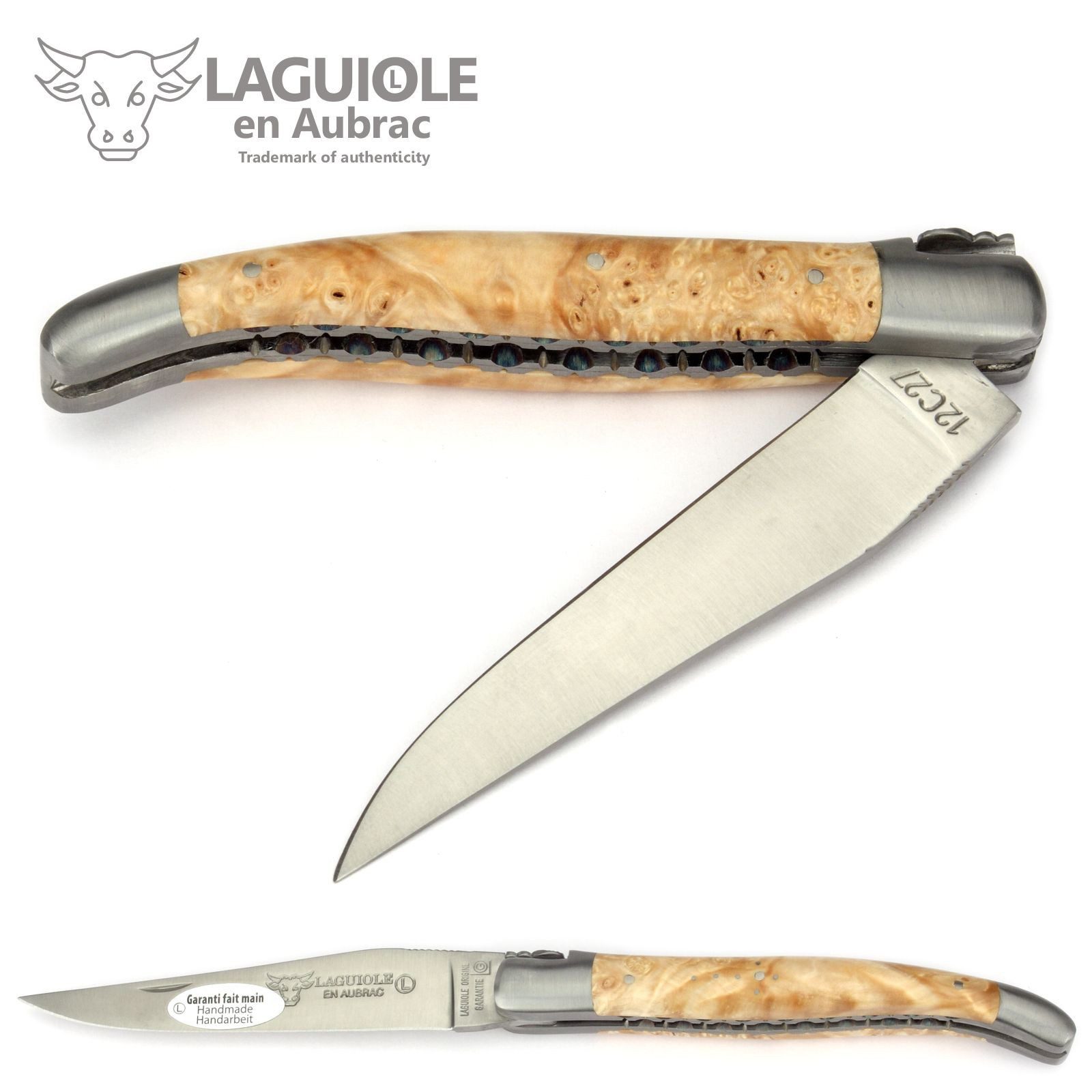 Laguiole en Aubrac Taschenmesser L0712NWIF, Griff 12cm Rosskastanie - Feder verziert - Doppelplatine - Stahl matt
