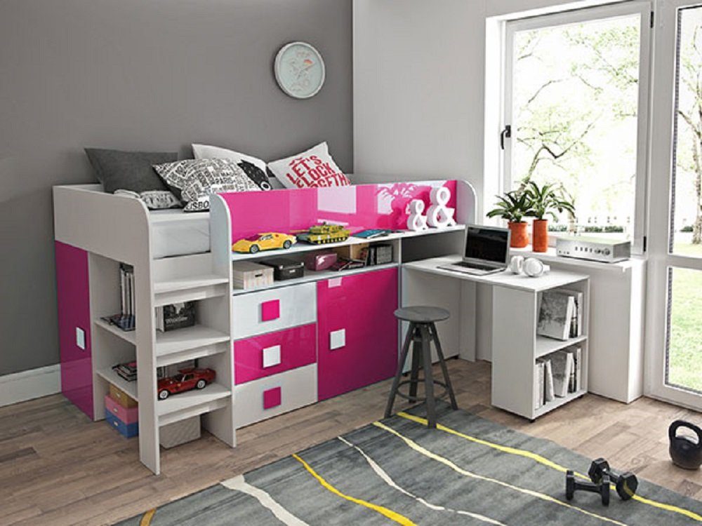 Feldmann-Wohnen Hochbett TOLEDO 1 (Etagenbett mit Schreibtisch + 2 Schränke) Farbe wählbar weiß / pink Hochglanz - Griffe weiß / pink
