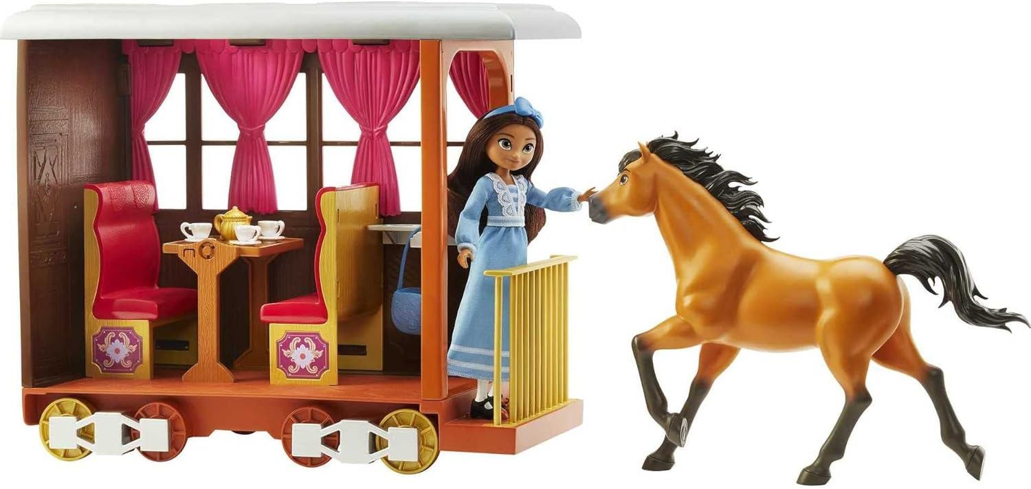 Mattel® Puppenhaus Zug-Abenteuer Spielset, Puppe Lucky (18cm) & Pferd Spirit (20cm)