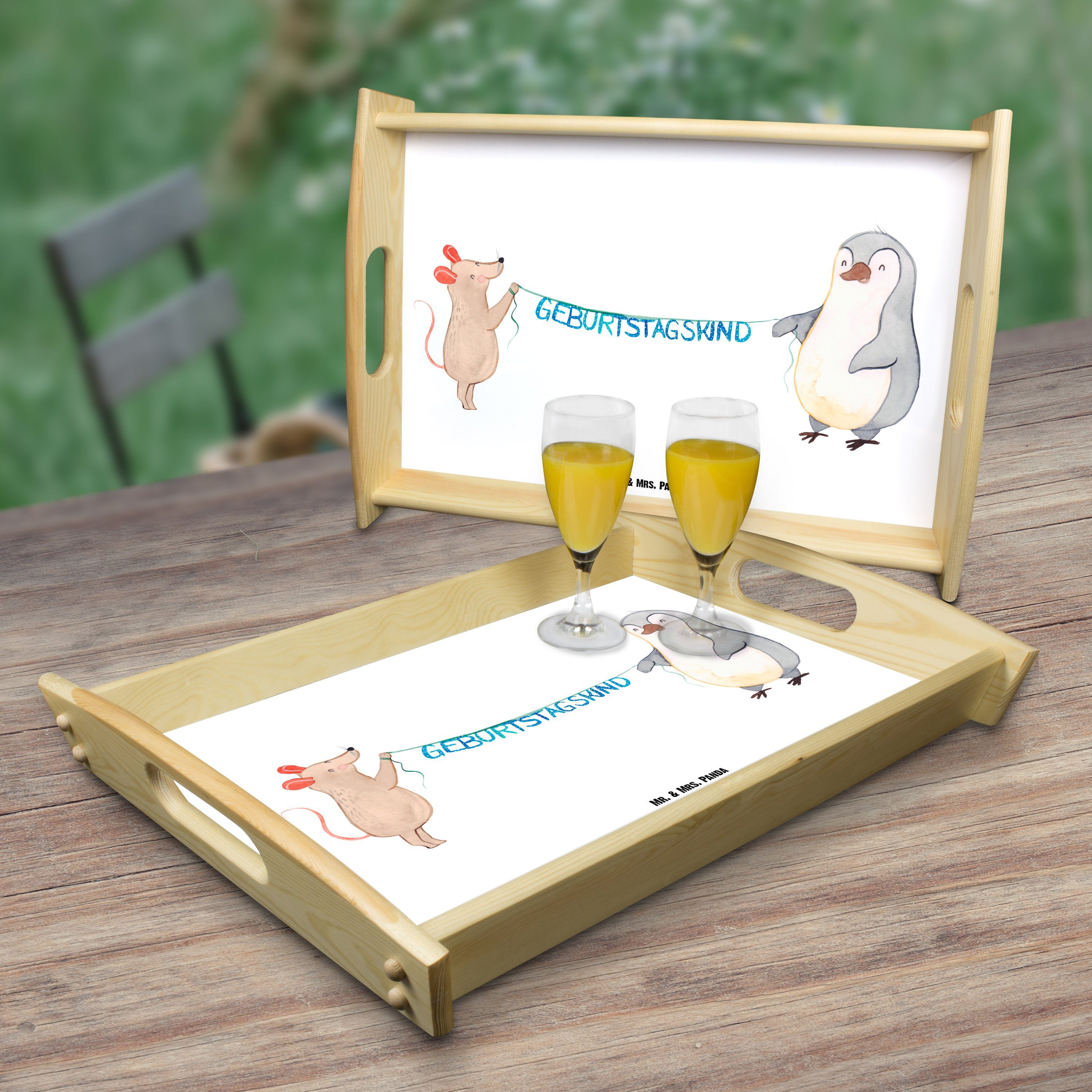 & Tablett Pinguin lasiert, Mr. Panda (1-tlg) Geschenk, Geburtstag - Echtholz Geburtstagsfeier, Weiß Maus - Frühstüc, Mrs.