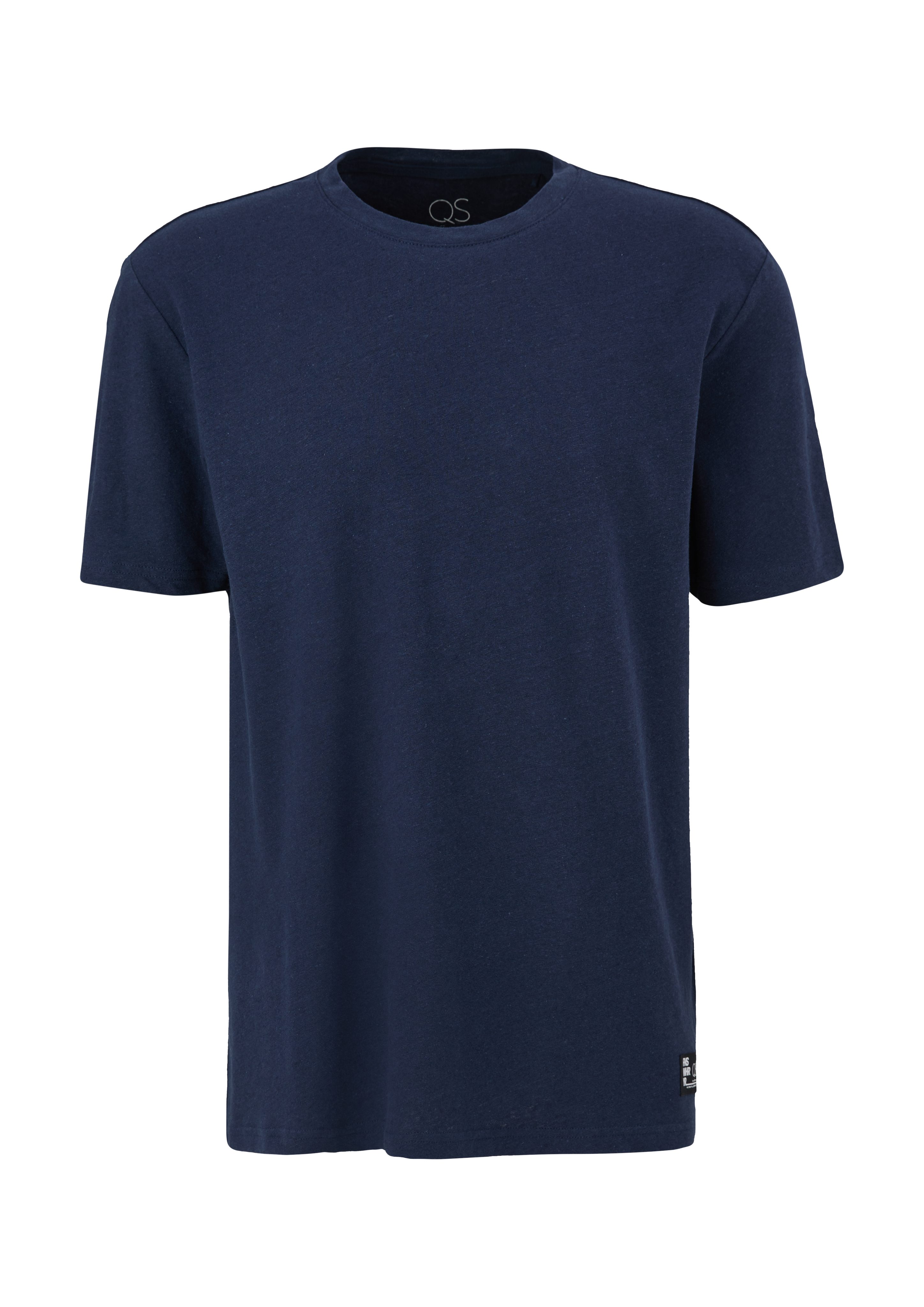 QS Kurzarmshirt T-Shirt aus Label-Patch tiefblau Leinenmix