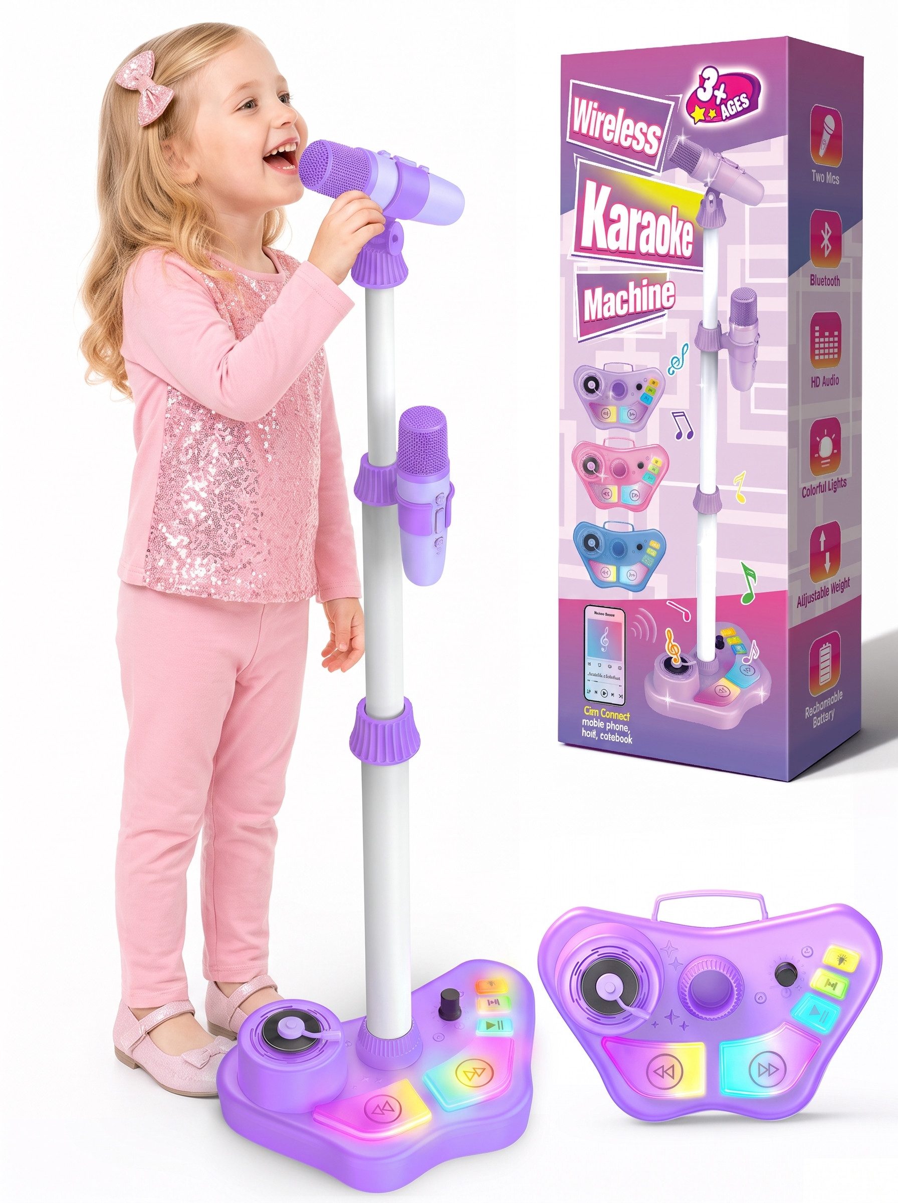 Wootoy Kinder Karaoke-Set 2 kabellosen Mikrofonen höhenverstellbarem Ständer Karaoke-Maschine (mit 5 Stimmeffekte Fußpedal LED-Lichteffekte integrierter Tragegriff)