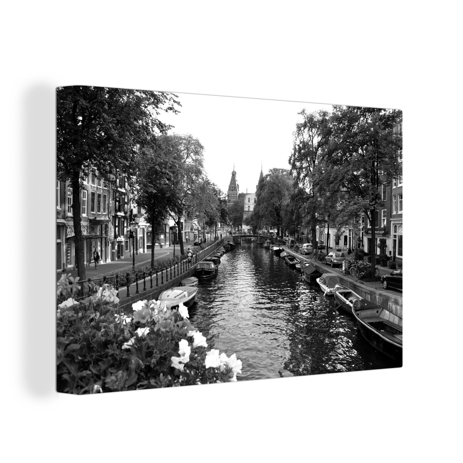 OneMillionCanvasses® Leinwandbild Sommerliche Gracht in Amsterdam - schwarz und weiß, (1 St), Wandbild Leinwandbilder, Aufhängefertig, Wanddeko, 30x20 cm
