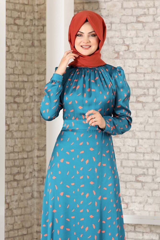 Hijab aus Abendleid Satinkleid Abiye Petrolblau gemustertes Mode Modavitrini Satin Kleid Abaya