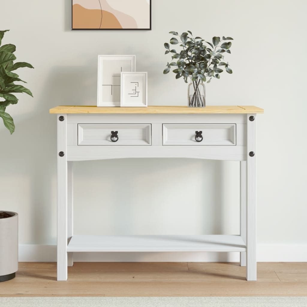 furnicato Beistelltisch Konsolentisch im Corona-Stil 90 x 34,5 x 73 cm Weiß, braune (1-St), Beistelltisch aus Massivholz mit 2 Schubladen und 1 Regalfach im Flur
