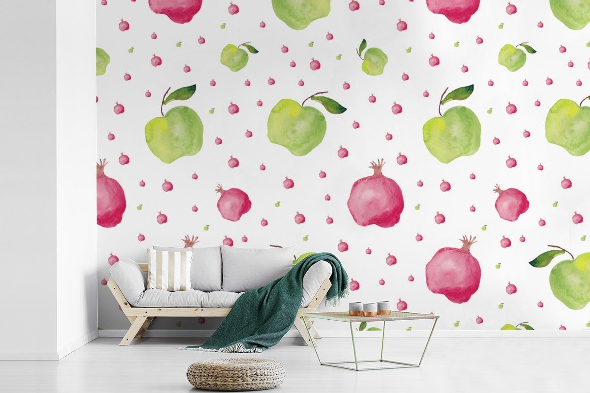 Matt, Vorlagen, Schlafzimmer, Wallpaper (6 für bedruckt, - Kinderzimmer, - St), Apfel Fototapete MuchoWow Granatapfel Vinyl Wohnzimmer, Tapete