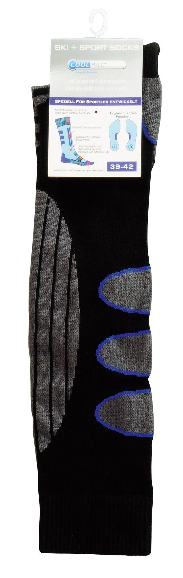 Schwarz-Blau mit Coolmax PistenSauser Snowboard-Socken Skisocken Spezialpolsterung 2 Paar Skisocken