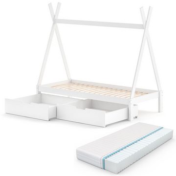 VitaliSpa® Kinderbett Kinderhausbett Umbau 90x200cm TIPI Weiß 2 Schubladen Matratze