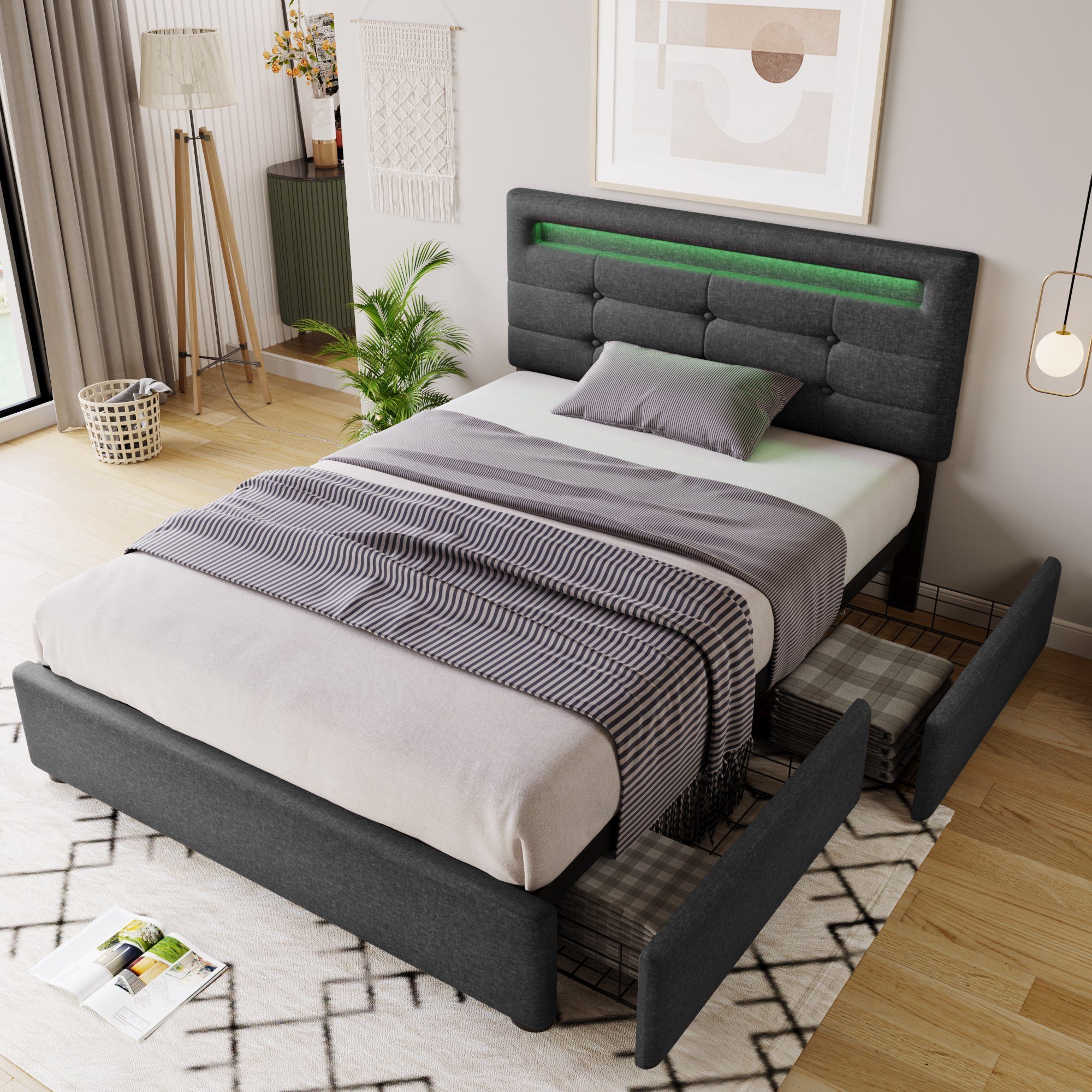 Polsterbett (mit LED-Beleuchtung, Fernbedienung und verstellbarem Kopfteil), Einzelbett mit Lattenrost, 2 Schubladen, Leinen, 90x200cm Bett