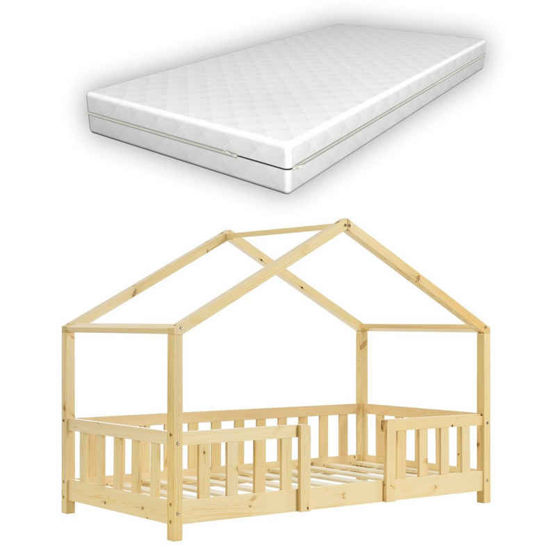 en.casa Kinderbett (Bett und Matratzen), »Treviolo« Hausbett mit Matratze Holz 80x160 cm