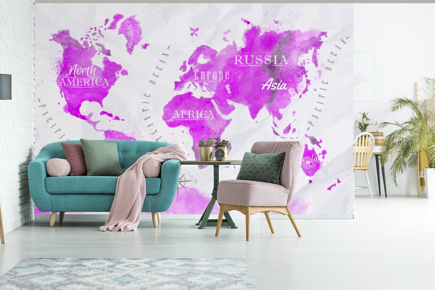 Rosa bedruckt, Wallpaper Weltkarte für Wohnzimmer, - Ölfarbe, (6 St), Fototapete Matt, Schlafzimmer, MuchoWow Vinyl - Kinderzimmer, Tapete