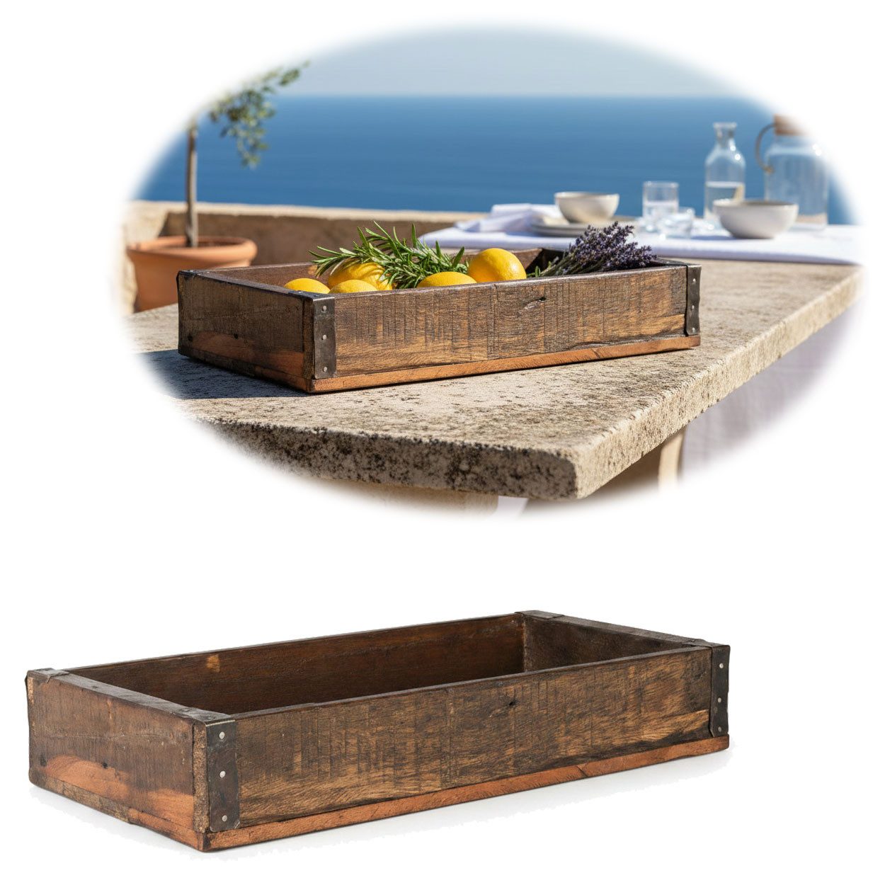 LS-LebenStil Dekotablett Vintage Holz Serviertablett Unika 35x20cm Roadwood Braun Deko Kerzenta (Recycelt Holz Aufbewahrungsbox Ziegelform Braun, 1 St., Serviertablett Küchentablett Pflanzkübel Besteckkasten Kerzentablett), ideal auch als Pflanzkasten, Adventskranz Adventsgesteck