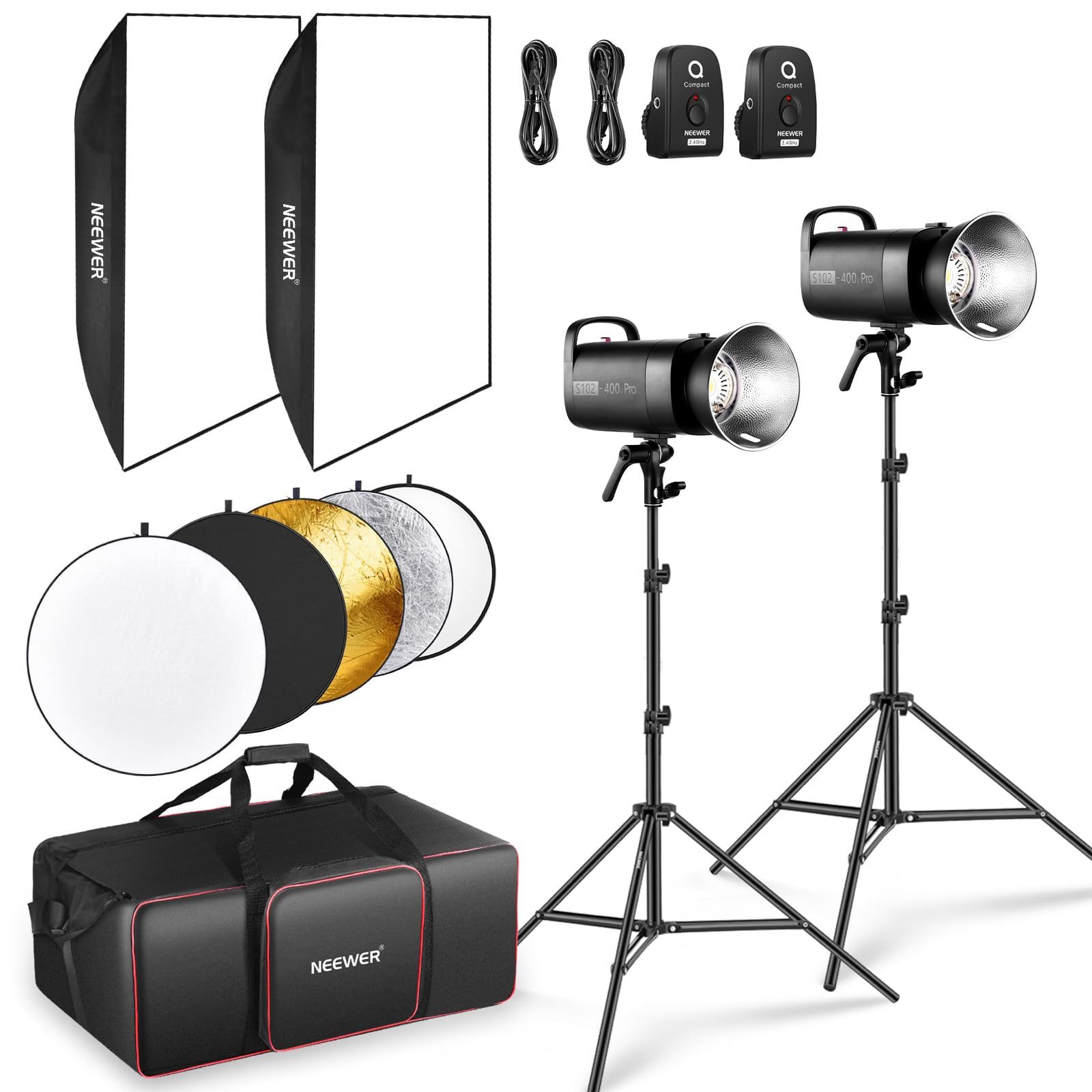 Neewer Fotostudio-Box S102-400W PRO Flash Blitzlicht Set, 2x Foto Lichtstativ, 2x Softbox, 5600K kühles Tageslicht, 2x 2,4G Auslöser, Reflektor, Tasche, Bowens Mount, leiser Lüfter