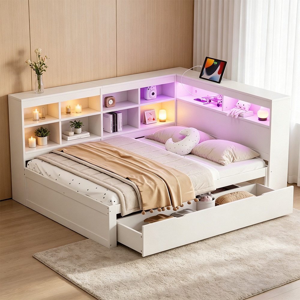 REDOM Stauraumbett mit USB-Steckdose und LED-Beleuchtung, mit Regalen und A günstig online kaufen