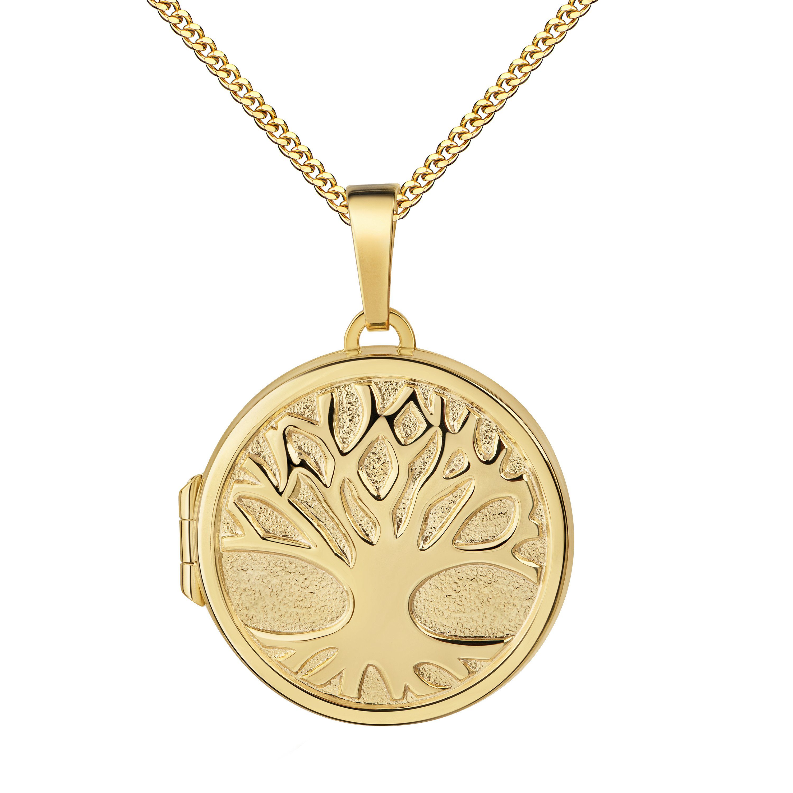 JEVELION Medallionanhänger Medaillon Gold 333 Baum des Lebens Anhänger rund zum Öffnen 2 Fotos (Bilderamulett, für Damen und Mädchen), Mit Halskette vergoldet - Länge wählbar 36 - 70 cm oder ohne Kette.
