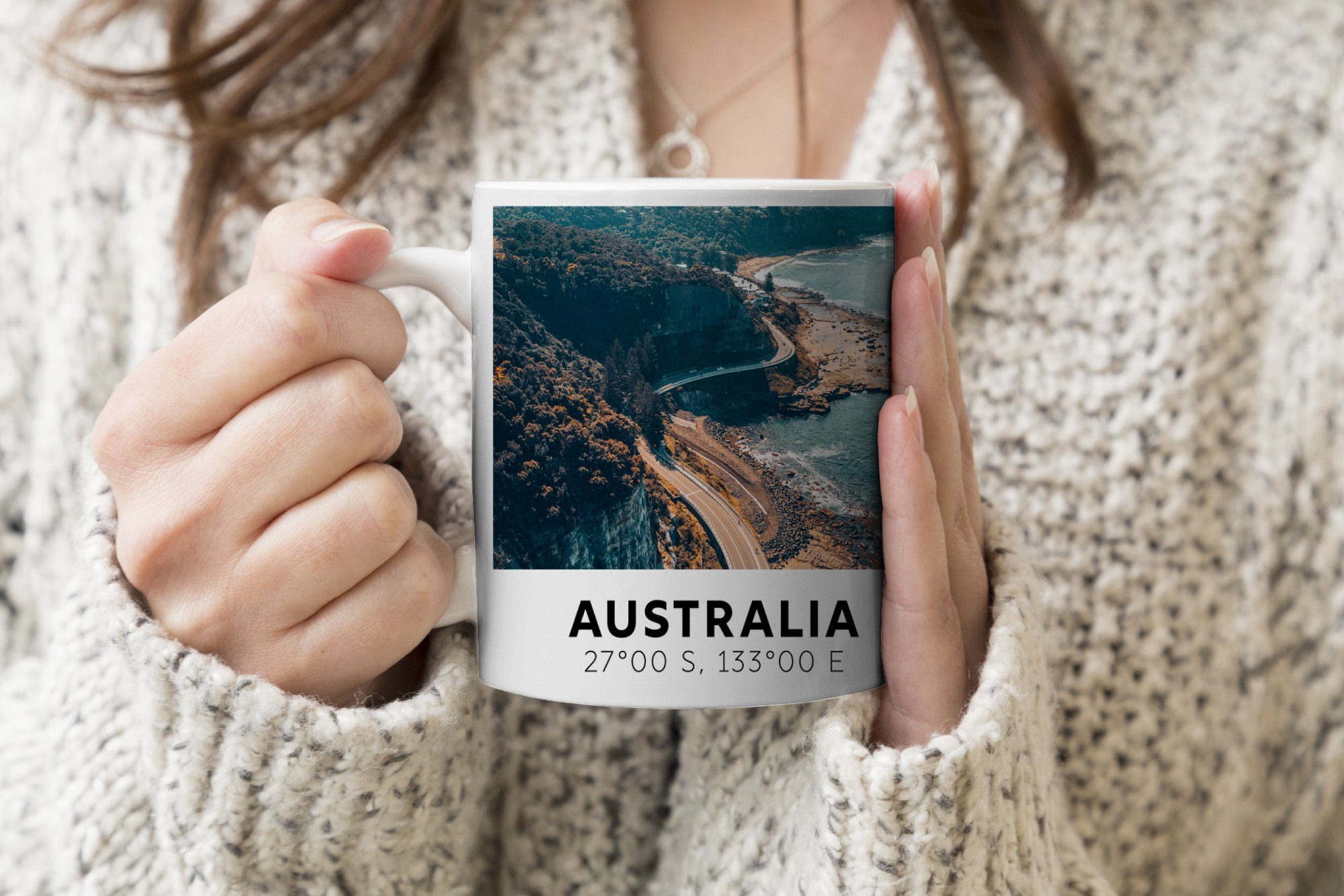 Geschenk Sommer - - Teetasse, Teetasse, Becher, Kaffeetassen, MuchoWow Australien - Tasse Autobahn Keramik, Meer,