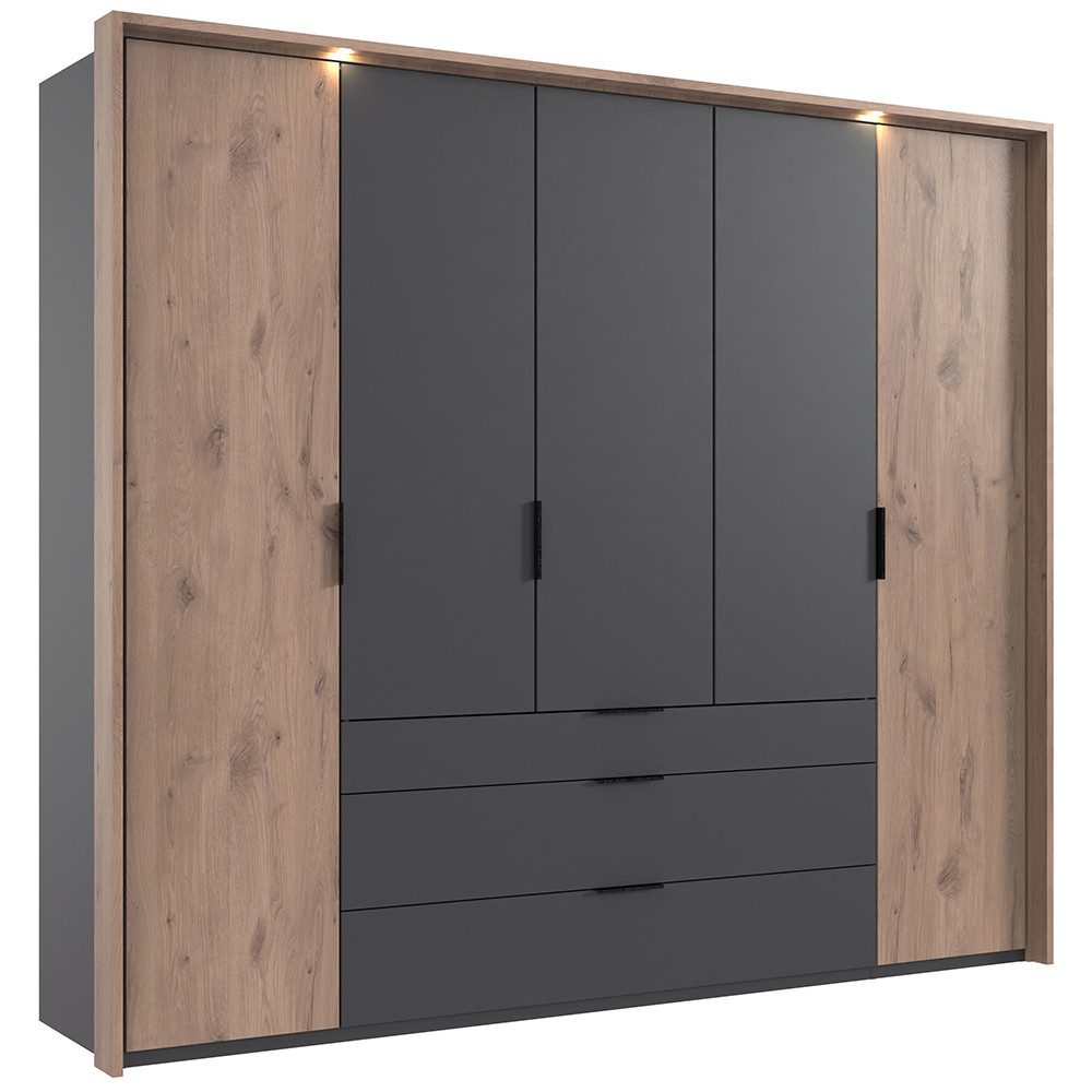 Lomadox Kleiderschrank BIELLA-43 Schlafzimmerschrank Drehtürenschrank 254 cm breit mit Beleuchtung