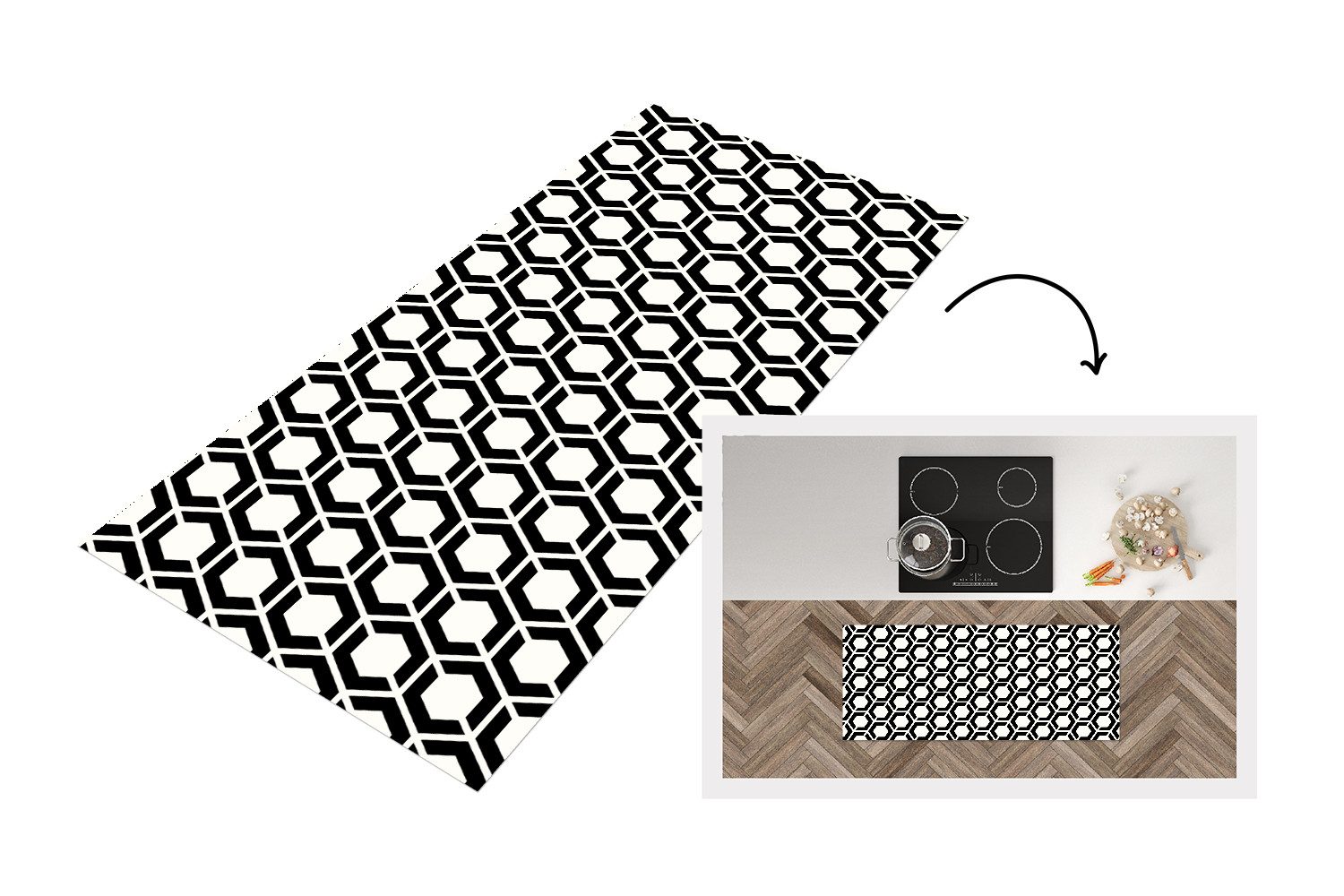 MuchoWow Küchenläufer Schwarz - Weiß - Geometrisch - Gemustert, aus Kunststoff, Küchenteppich, Läufer für Küche, Rutschfest, Küchendeko, 120x50 cm