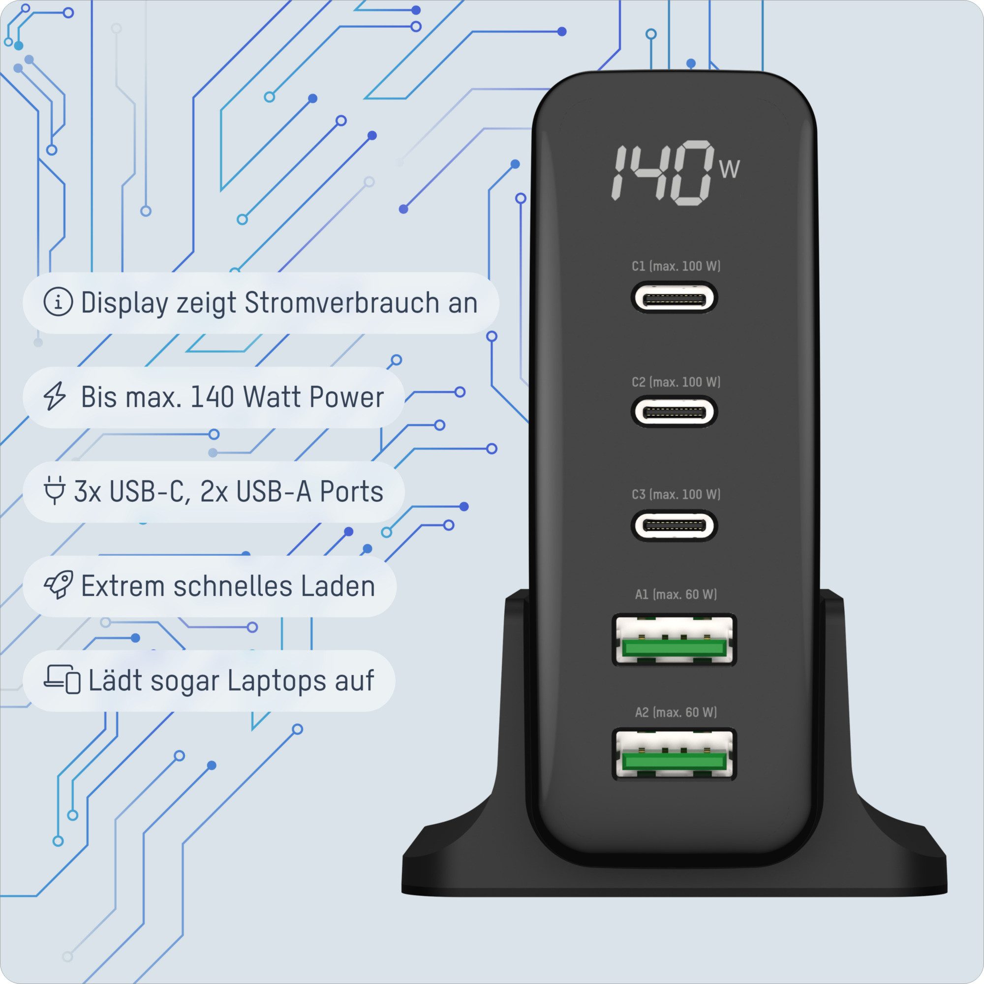 ANSMANN AG 5-Port USB Ladegerät, 140W, Schnellladefähig, Smart-Ladung USB-Ladegerät