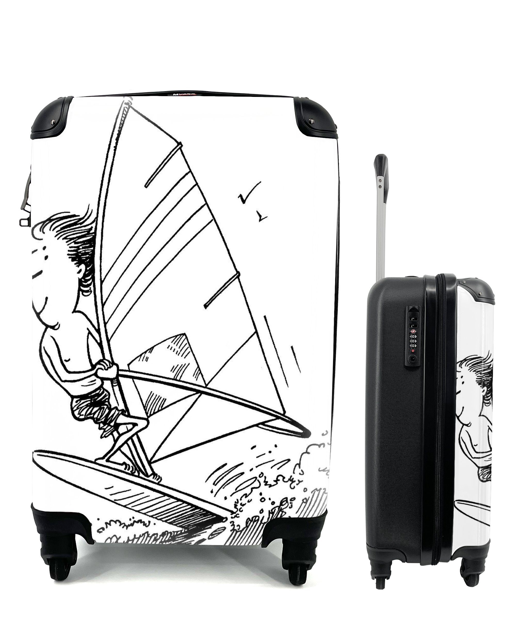 MuchoWow Handgepäckkoffer Eine Illustration einer Person beim Windsurfen, 4 Rollen, Reisetasche mit rollen, Handgepäck für Ferien, Trolley, Reisekoffer