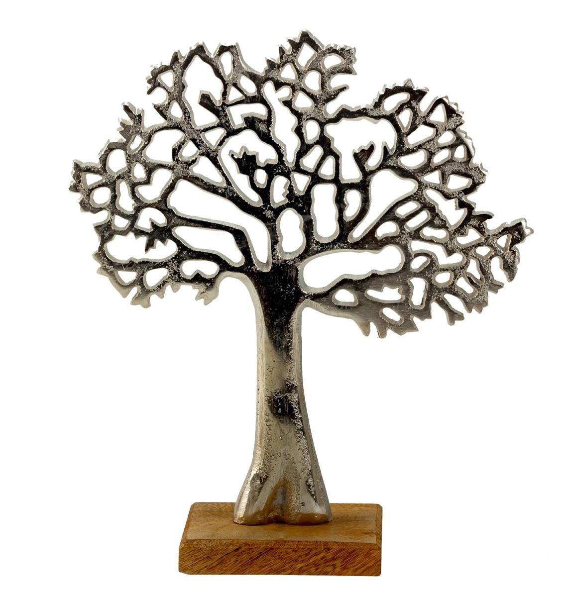 Geschenkestadl Dekoobjekt Lebensbaum auf Holzsockel Aluminium Deko Figur 2 Größen Auswahl (1 Standobjekt), Lebensbaum aus Aluminium auf elegantem Holzsockel