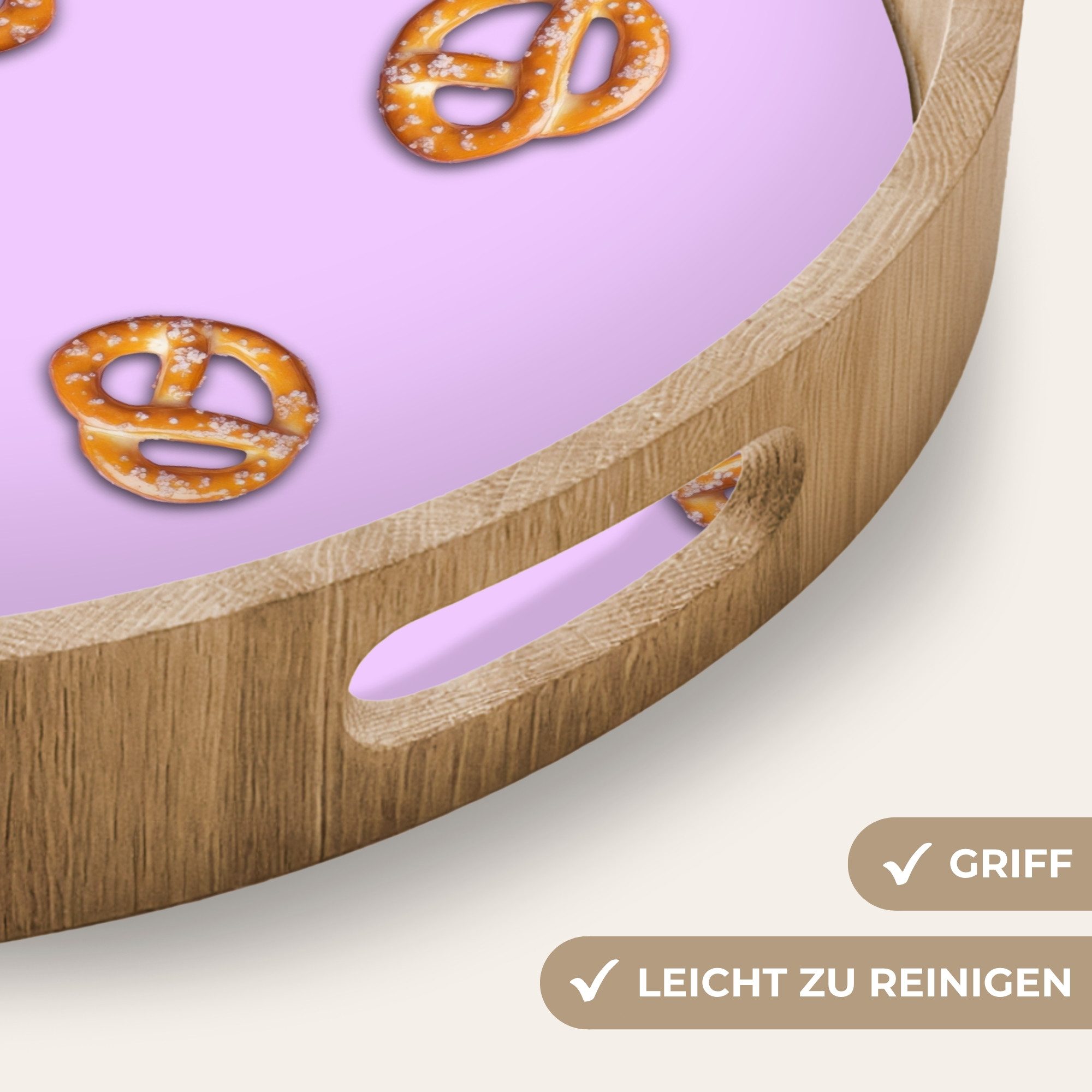 OnlyWow Tablett Rund mit Henkel Brezeln - Lebensmittel - Lila, Eichenholz, (1-tlg), Siervierplatte, Tray, Frühstücksbrett