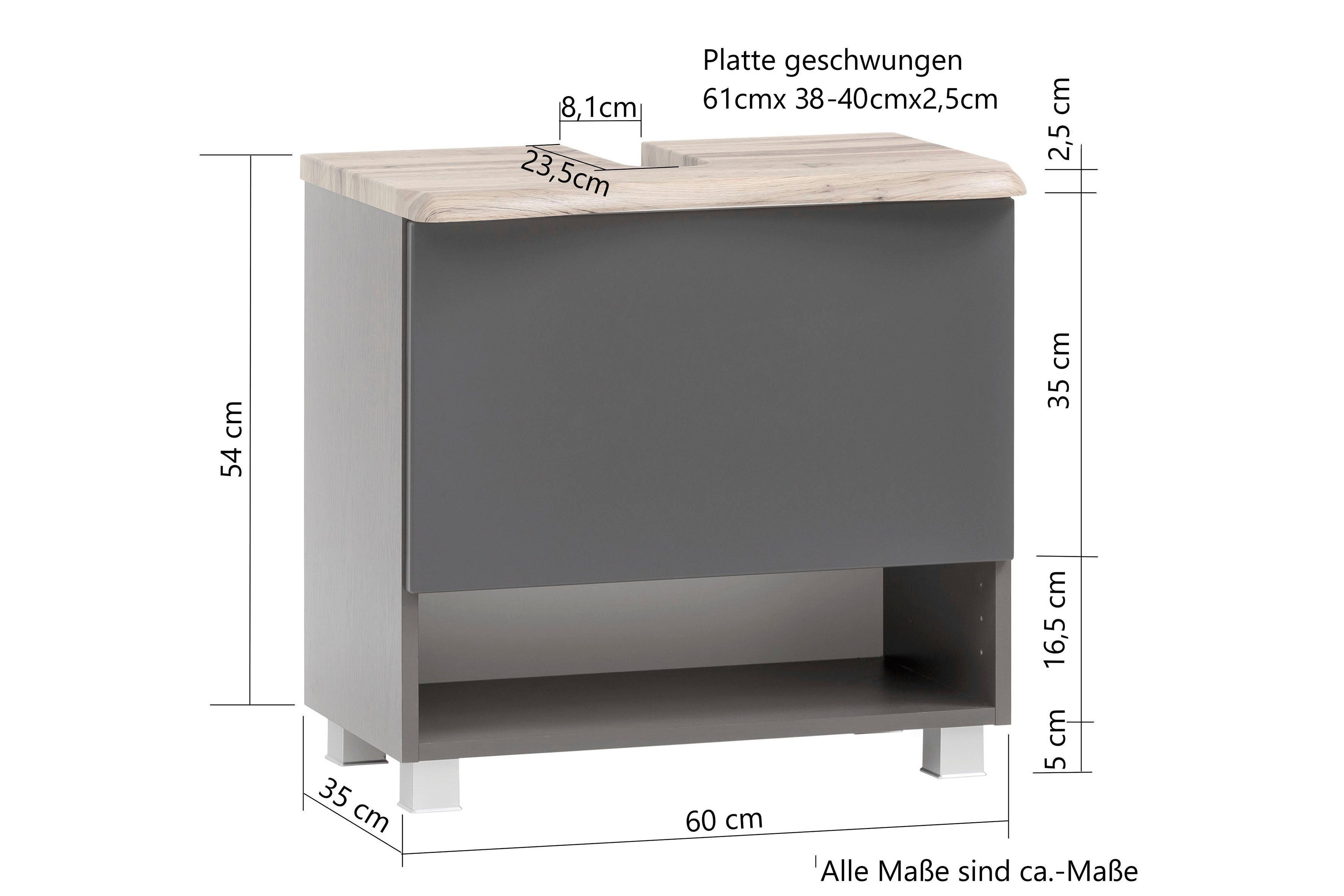 HELD MÖBEL 60 Bad mattgrau Baumkante, graphit Breite cm Stubach mit Waschbeckenunterschrank | Schrank, Abdeckplatte