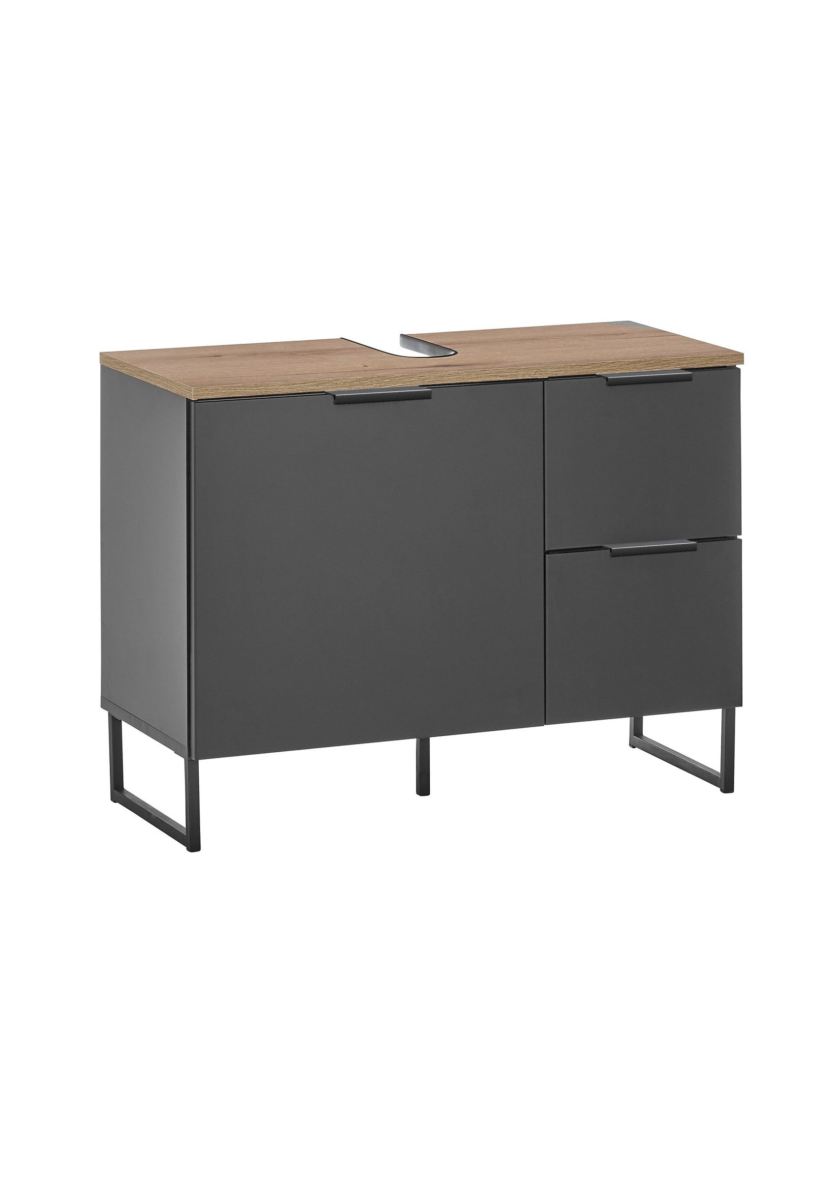 BEGA BBK Waschbeckenunterschrank 1 Tür, 2 Schübe, schwarz matt / evoke eiche Dekor - 80x60x35 (BxHxT)