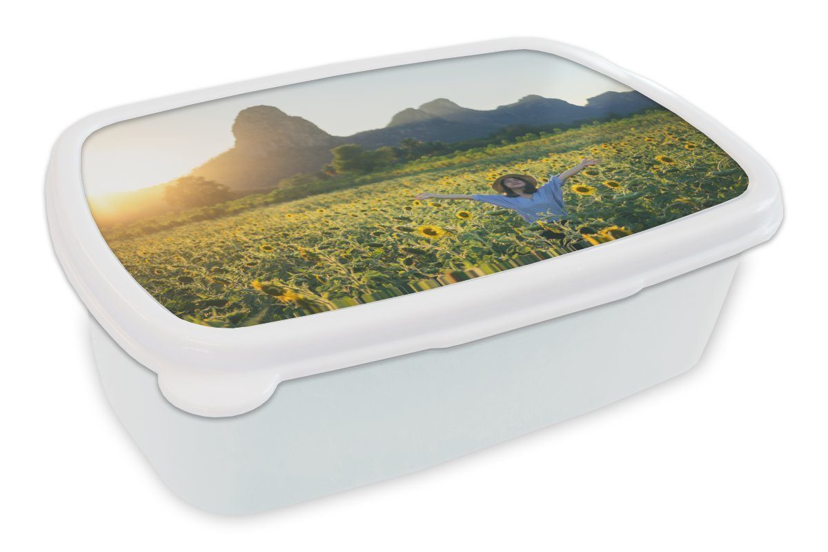 MuchoWow Lunchbox Sonnenblume - Frau - Italien, Kunststoff, (2-tlg), Brotbox für Kinder und Erwachsene, Brotdose, für Jungs und Mädchen weiß