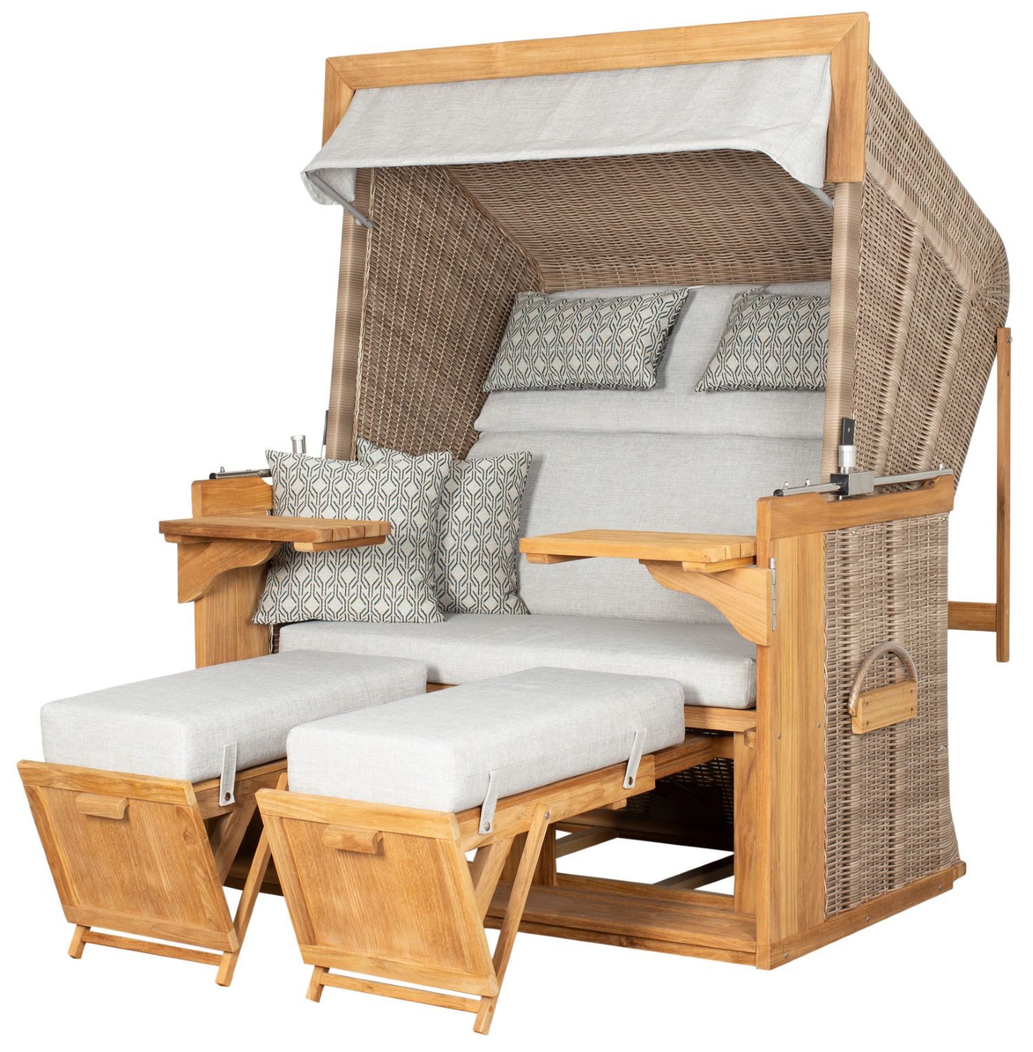 deVries PURE® Strandkorb Friesland Sylt XL - PE white kubu - Dessin 507, BxTxH: 135x90x165 cm, Volllieger, Nordsee-Strandkorb, Teakholz - PE-Markengeflecht - bequeme Polster - Schutzhaube