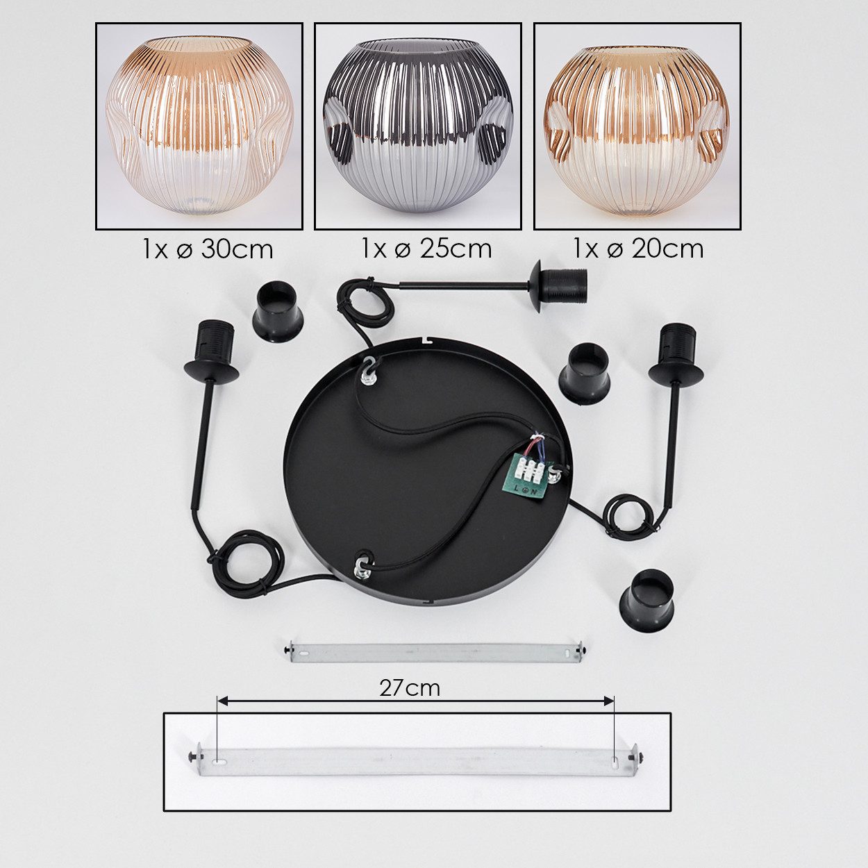 hofstein Hängeleuchte Hängelampe aus Metall/Riffelglas in Schwarz/Chrom/Rauch/Bernstein, Hängeleuchte im modernen Retro/Vintage-Design (20; 25; 30 cm),3xE27