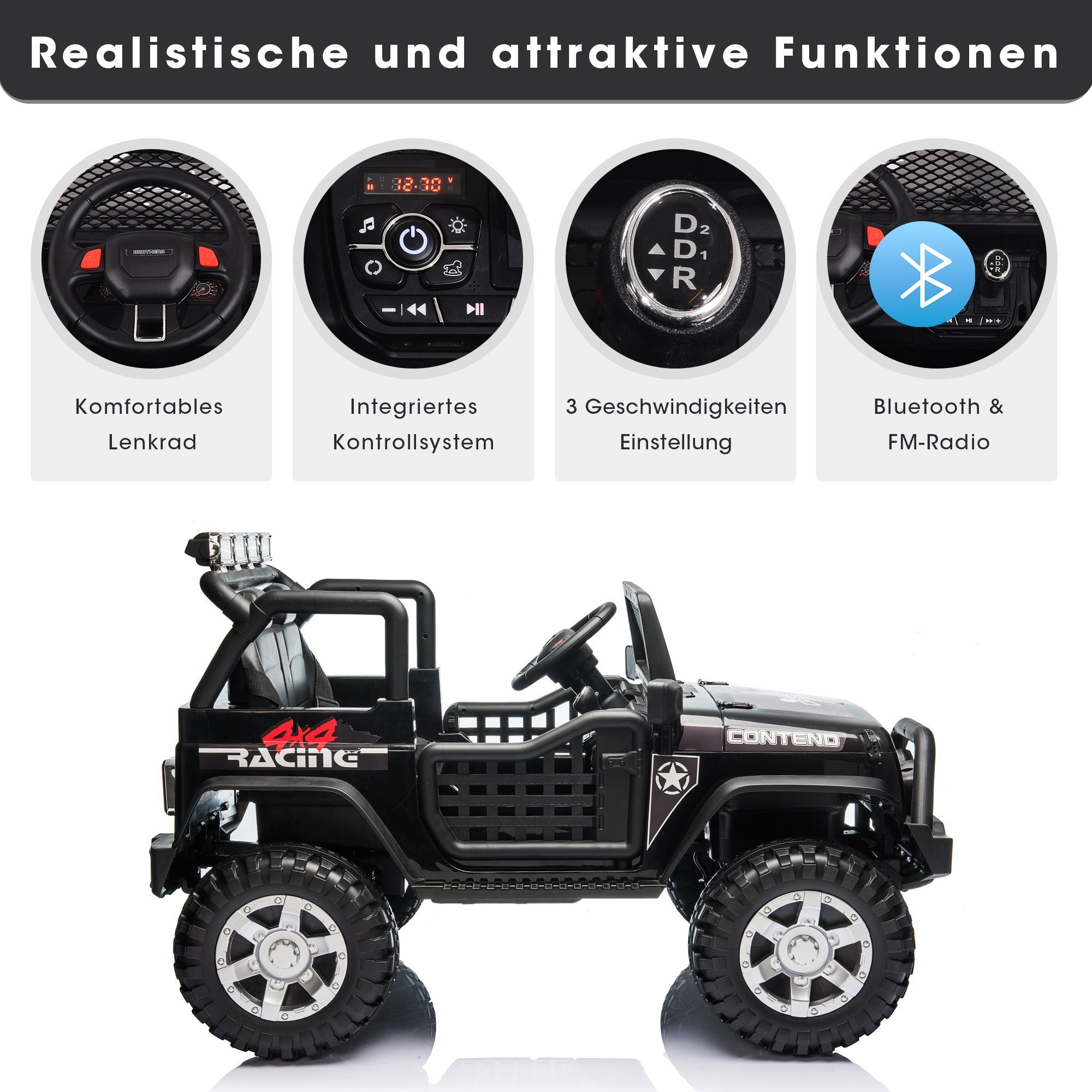 Geschwindigkeiten Motor,2.4G mit 2x45W Fernbedienung,3 EXTSUD Elektro-Kinderauto 12V Batterie-Stromversorgung, Kinder-Elektroauto schwarz 2-Sitzer