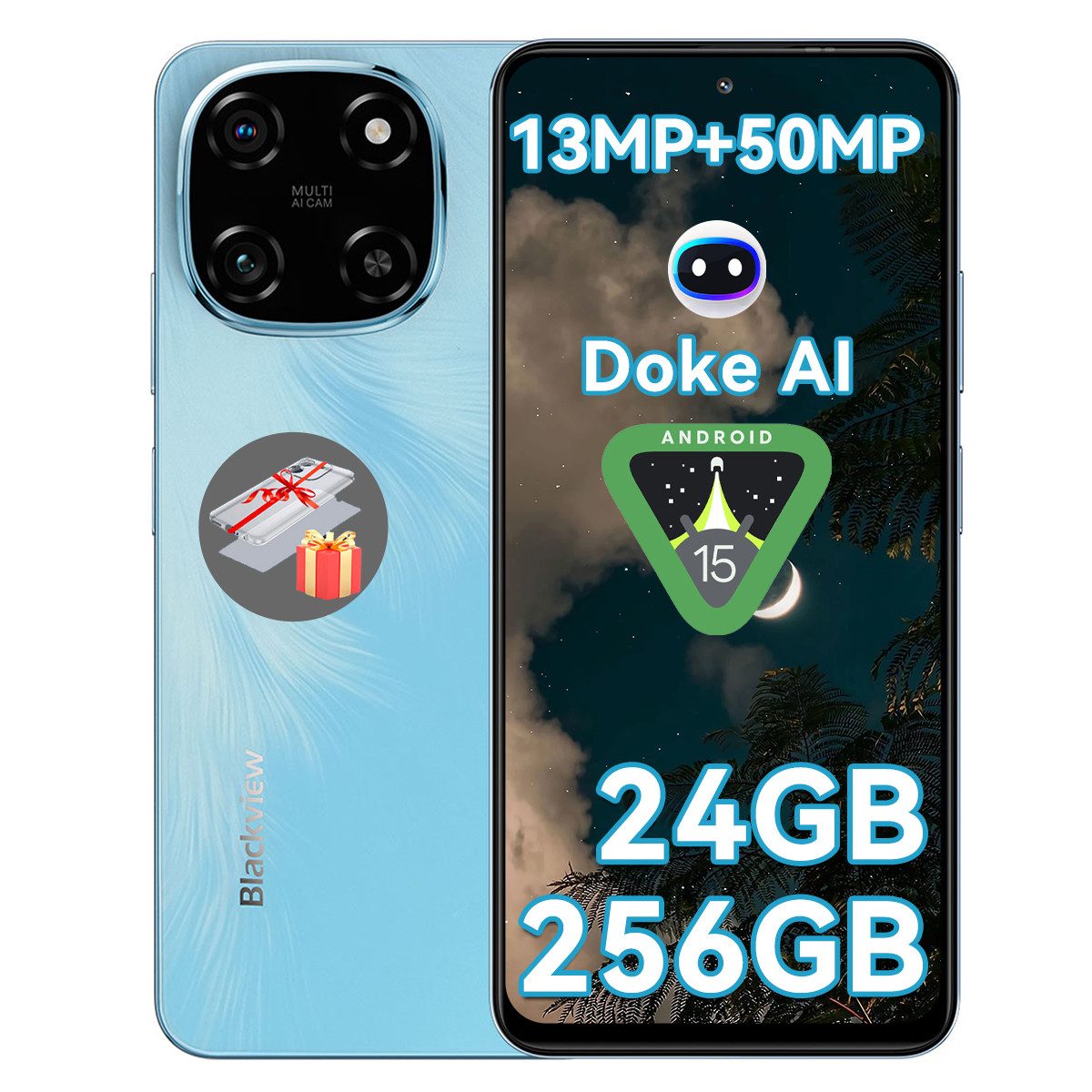 blackview Color 6 6.67" Super PD 50MP, MTK G81, AI Ohne Vertrag Smartphone (6.67 Zoll, 256 GB Speicherplatz, 50 MP Kamera, Android 15, DokeOS 4.1, 18W,Dual SIM /Fingerabdruck/Face ID/GPS/OTG)