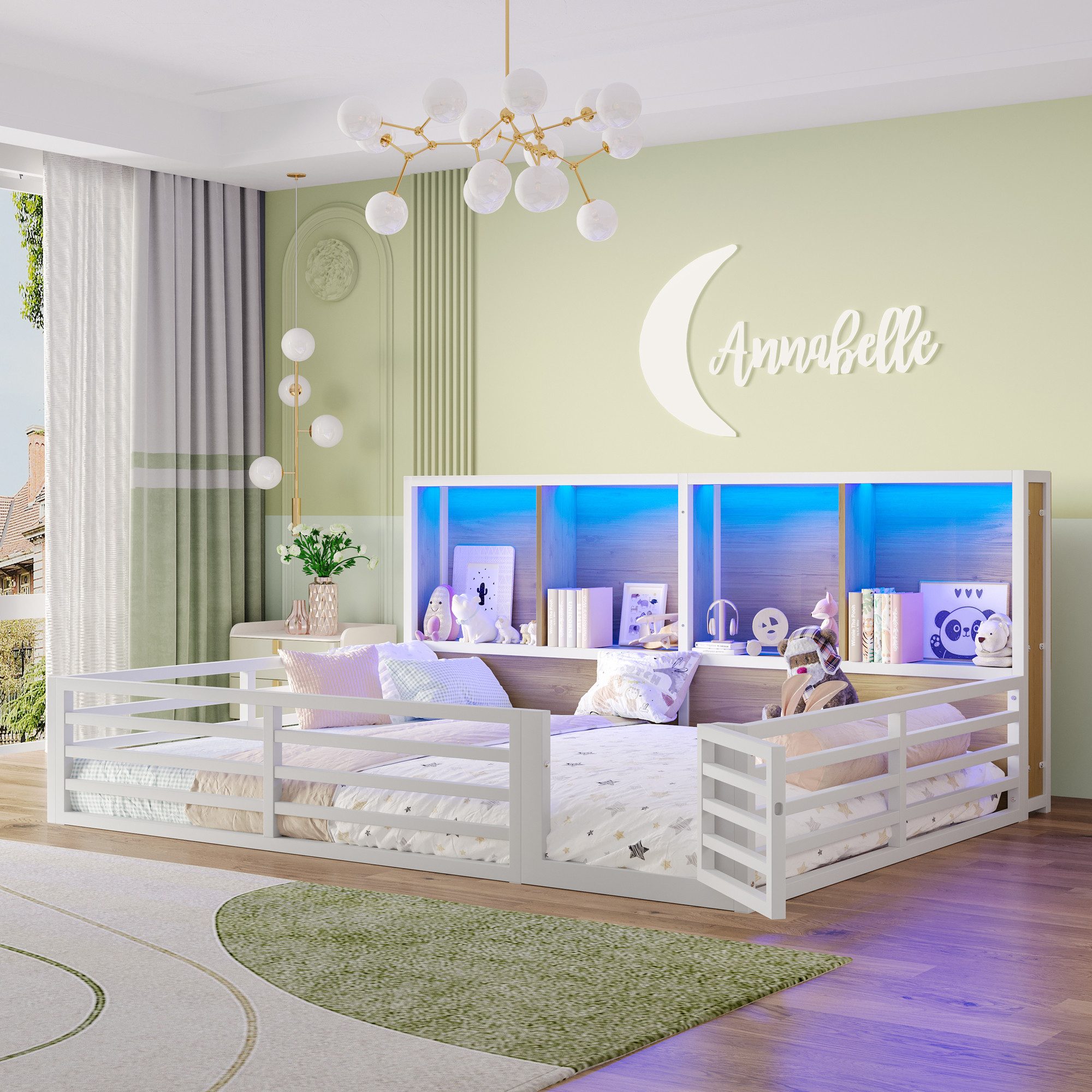 Merax Kinderbett (Plattformbett aus Metallrahmen und MDF, 1-tlg., Daybed für Kinder & Jugendzimmer), Metall Zaunbett 140x200cm mit LED Ablagefächer Geländer Lattenrost