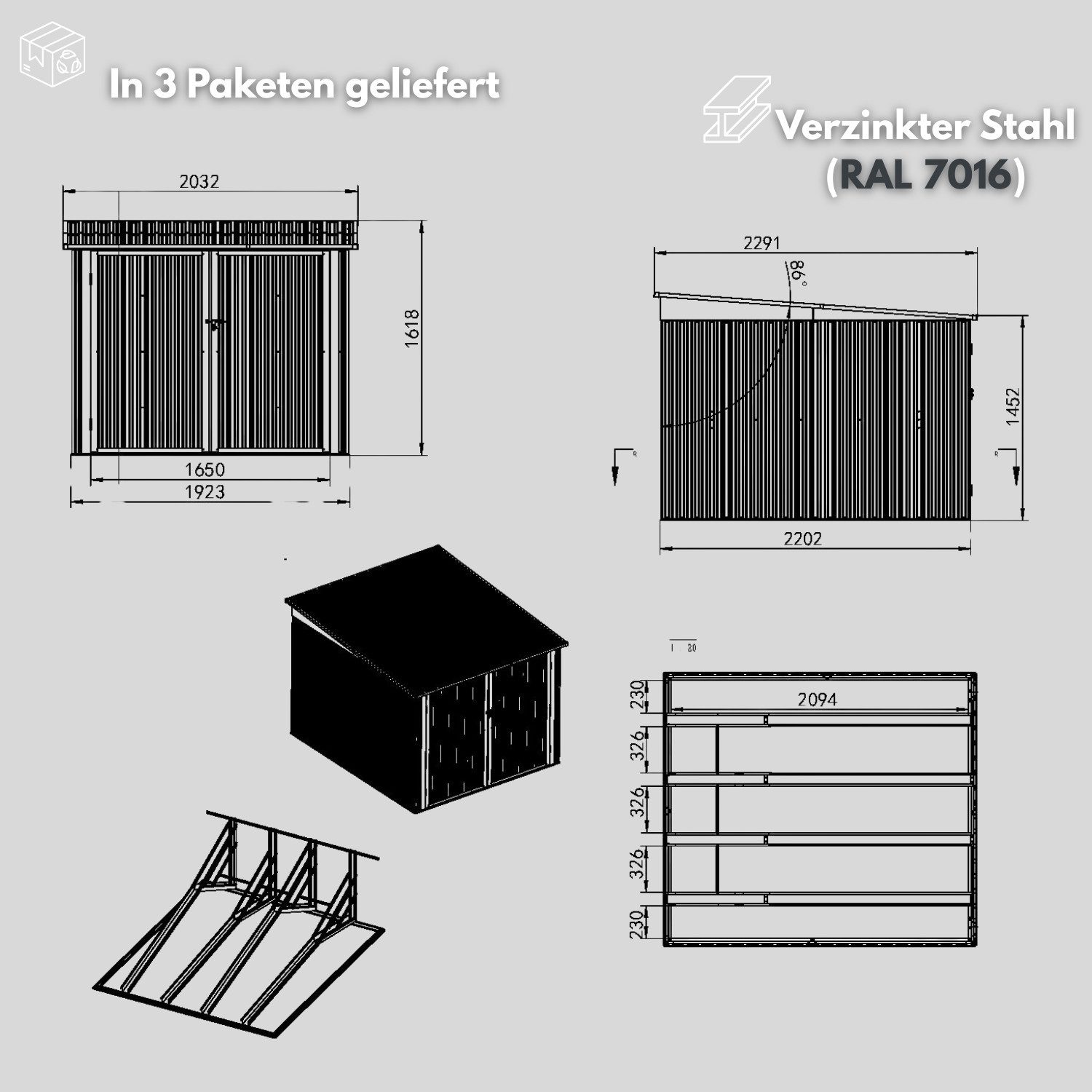 Albatros International Gerätehaus Premium Fahrradgarage wetterfest Fahrrad Garage, abschließbar, BxT: 203x229 cm, (203x229x162cm), verzinktes Metall in Anthrazit (RAL 7016) für bis zu 4 Fahrräder