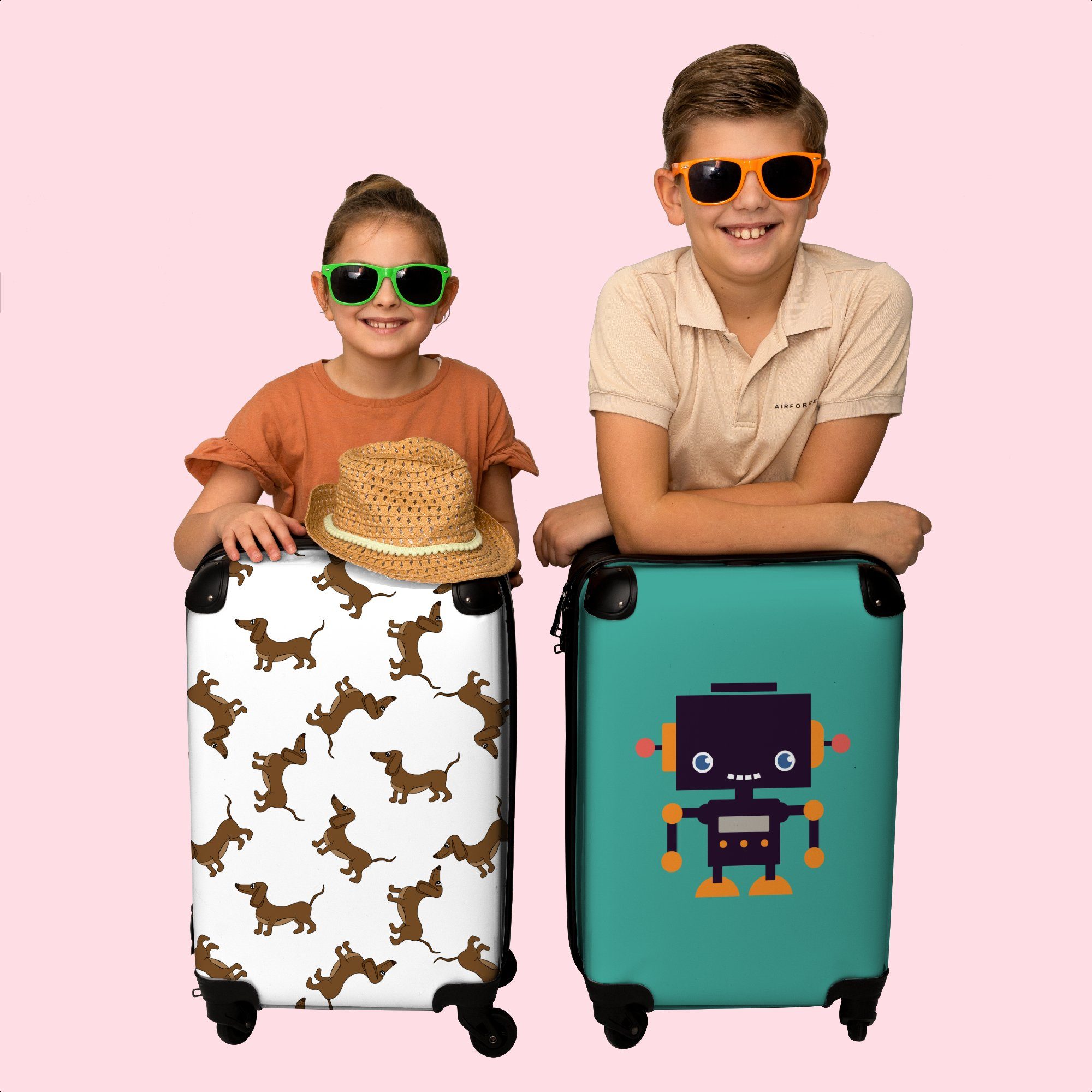 NoBoringSuitcases.com© Kinderkoffer 55x35x20cm Tiere, Koffer für - Braun 4 - rollen, Reisetasche Rollen, Kindertrolley, - mit Ferien, Muster Handgepäck Hund