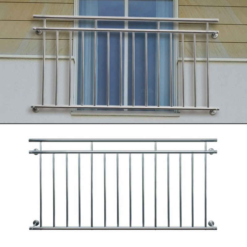 ECD Germany Brüstungsgeländer Französischer Balkon aus Edelstahl Balkongeländer Balkongitter, 100 cm Länge, 90 cm Höhe, Fenstergitter 100x90 cm glänzend mit 7 Füllstäben Edelstahl