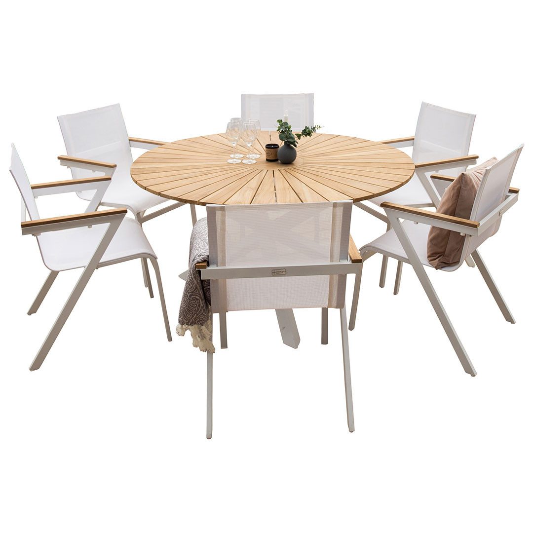 ebuy24 Garten-Essgruppe Mexico Gartenset Tisch Ø140cm natur, 6 Stühle weiß
