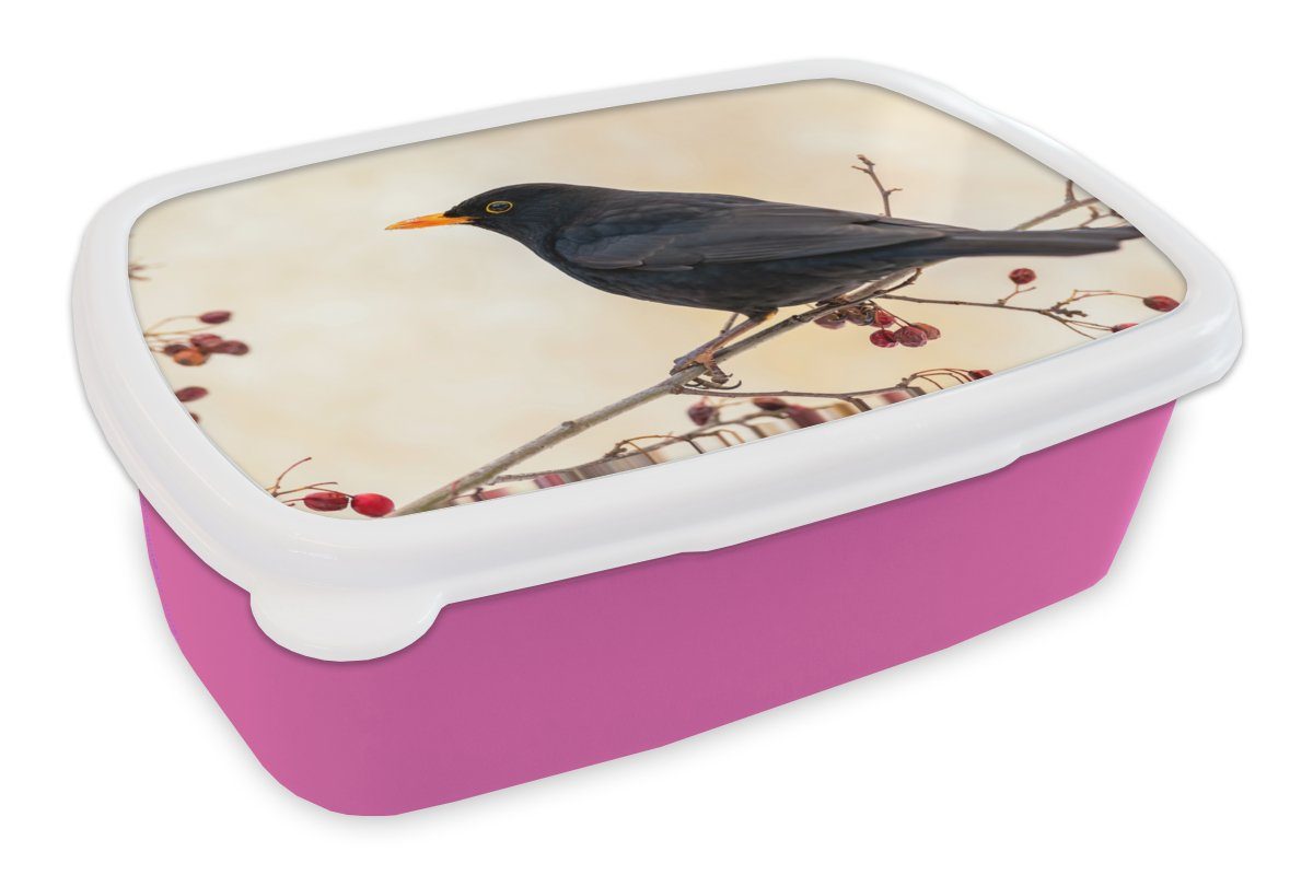 MuchoWow Lunchbox Amsel - Vogel - Zweige - Beere - Rot, Kunststoff, (2-tlg), Brotbox für Erwachsene, Brotdose Kinder, Snackbox, Mädchen, Kunststoff rosa