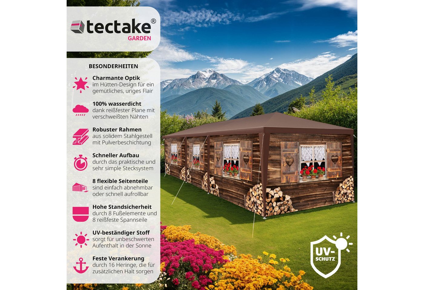 Thumbnail - tectake Pavillon Terrassenüberdachung Almhütte, wasserdicht, UV-beständig, mit 8 Seitenteilen, (900 x 300 x 250 cm, Komp...